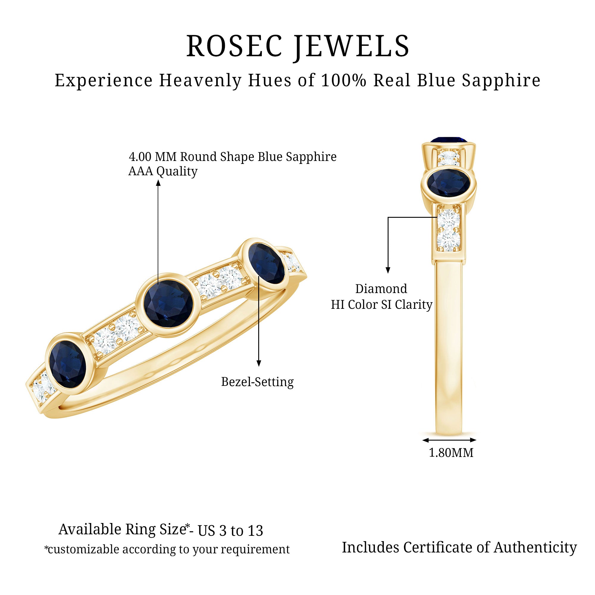 Natural Blue Sapphire Half Eternity Ring with Diamond for Women AAA - Rosec Jewels