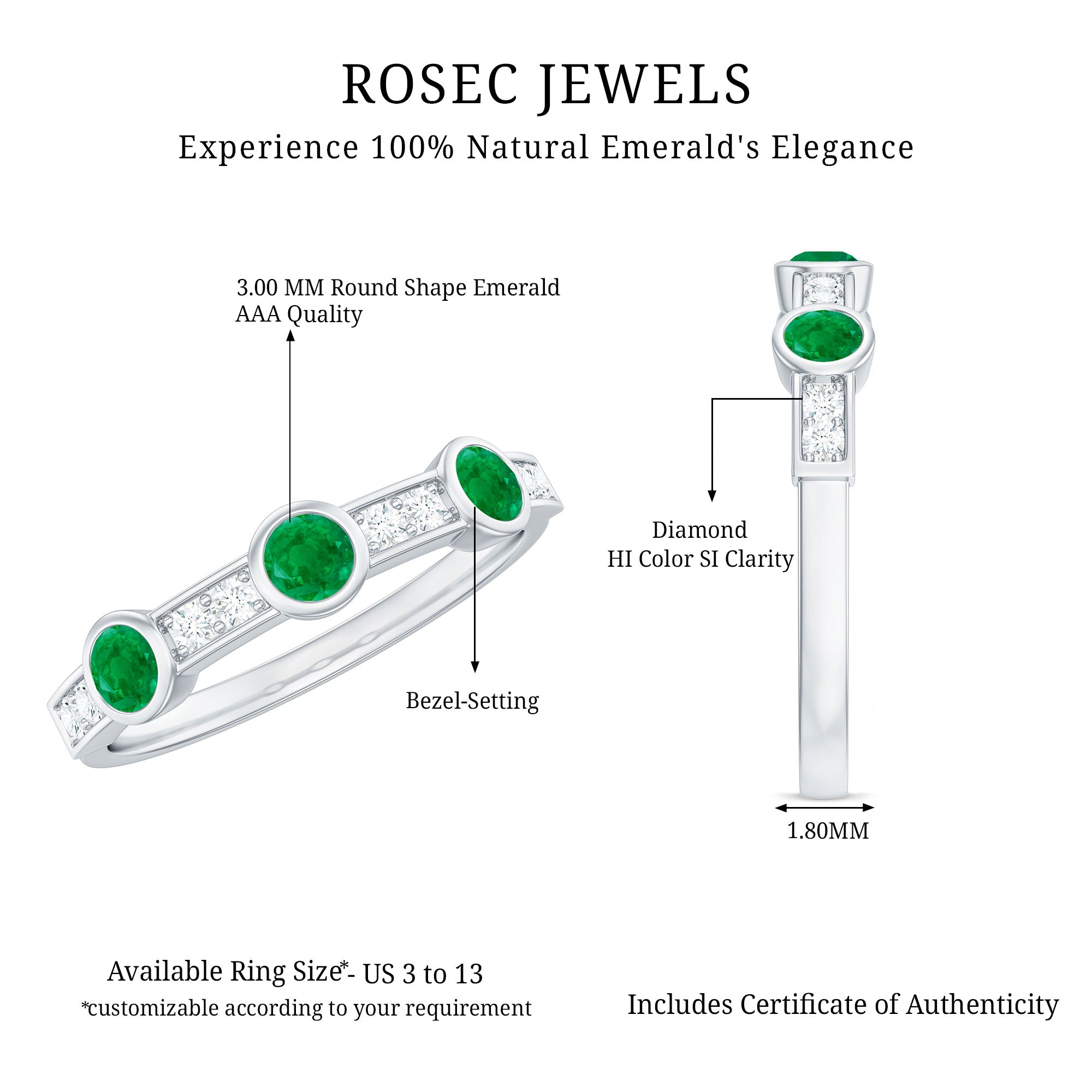 Certified Real Emerald Half Eternity Ring with Diamond AAA - Rosec Jewels
