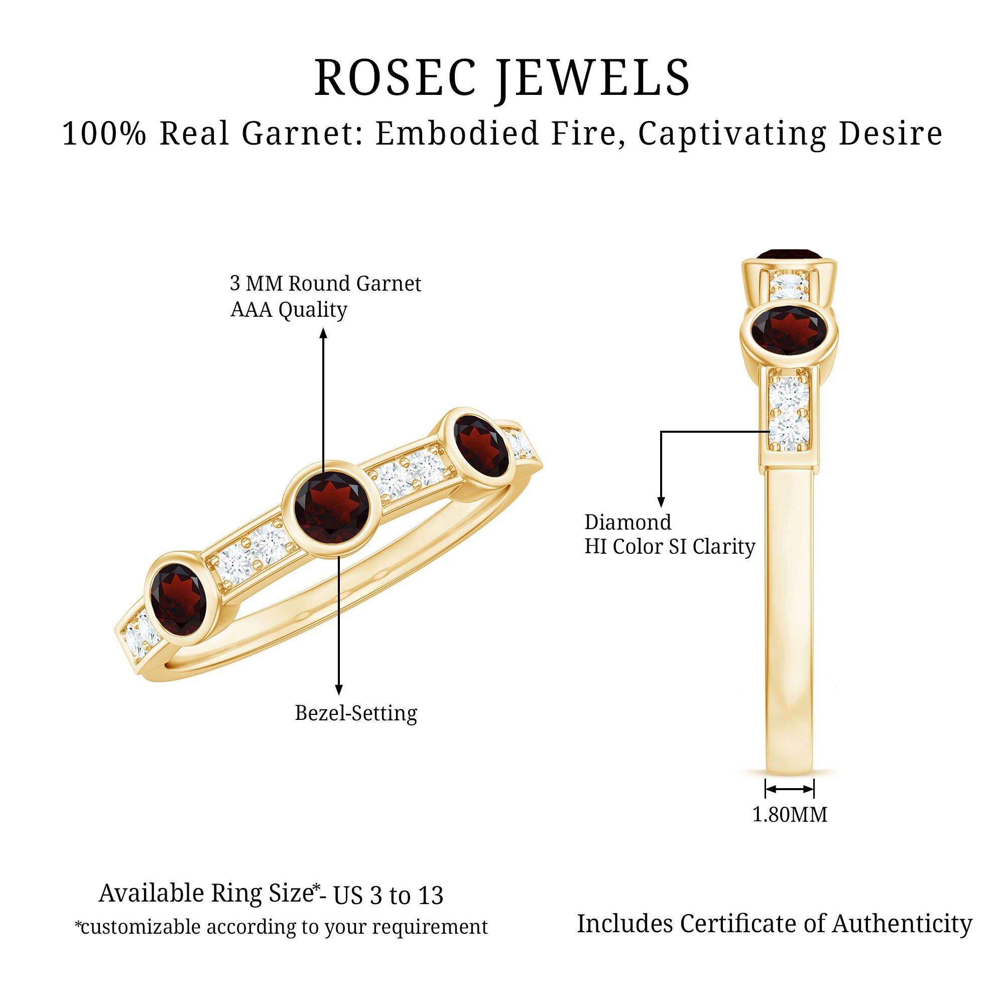 Certified Real Garnet Diamond Half Eternity Ring AAA - Rosec Jewels