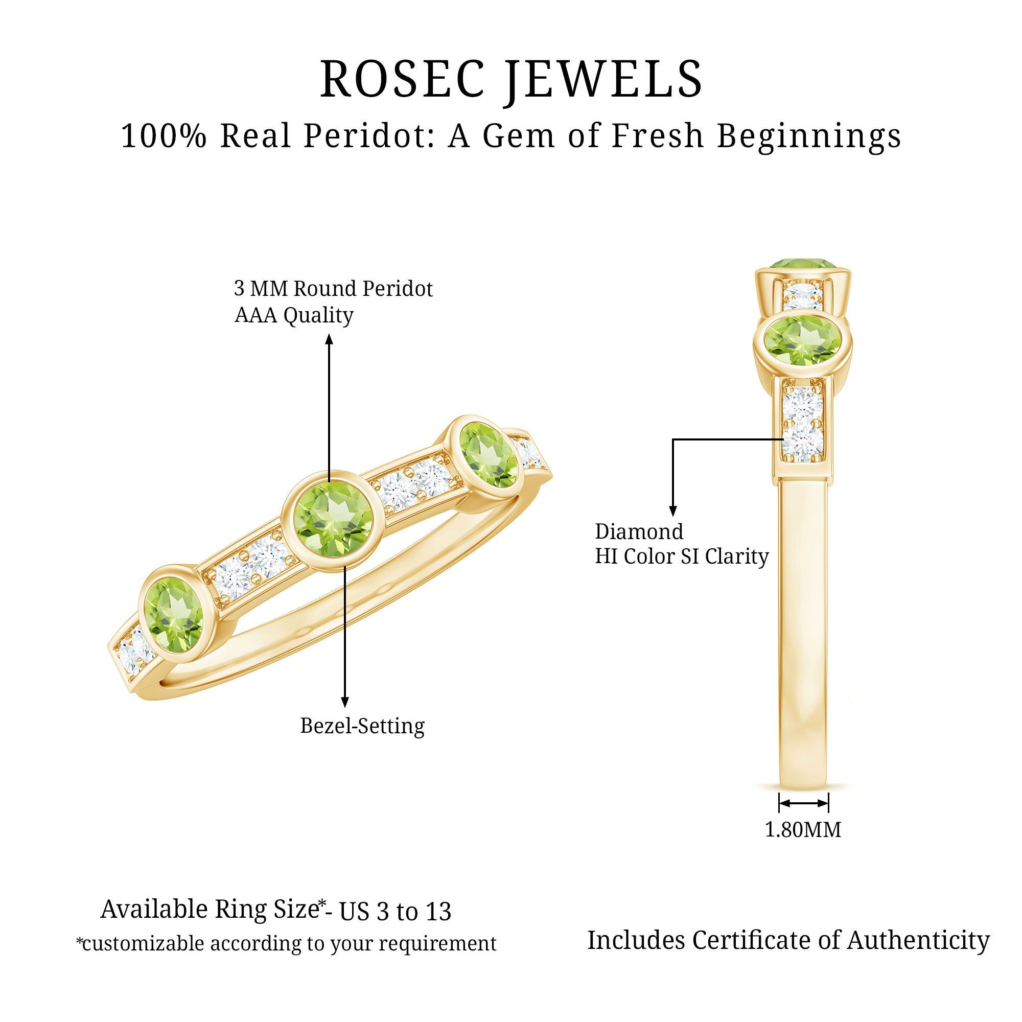 Natural Bezel Set Peridot Half Eternity Ring with Diamond AAA - Rosec Jewels