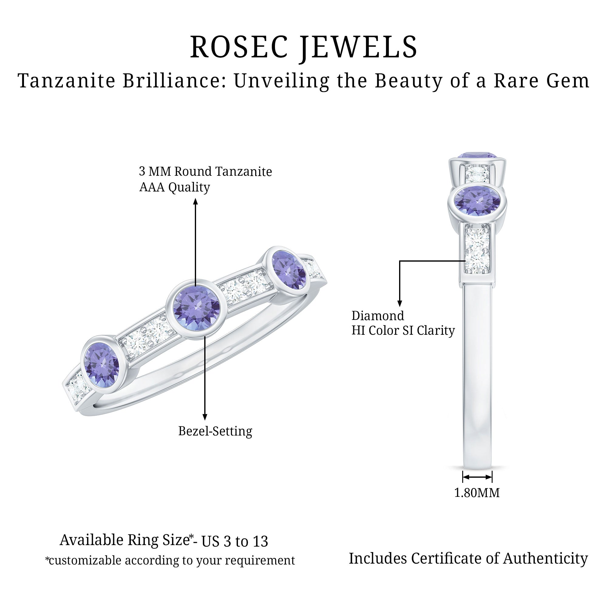 Certified Real Tanzanite Diamond Half Eternity Ring AAA - Rosec Jewels