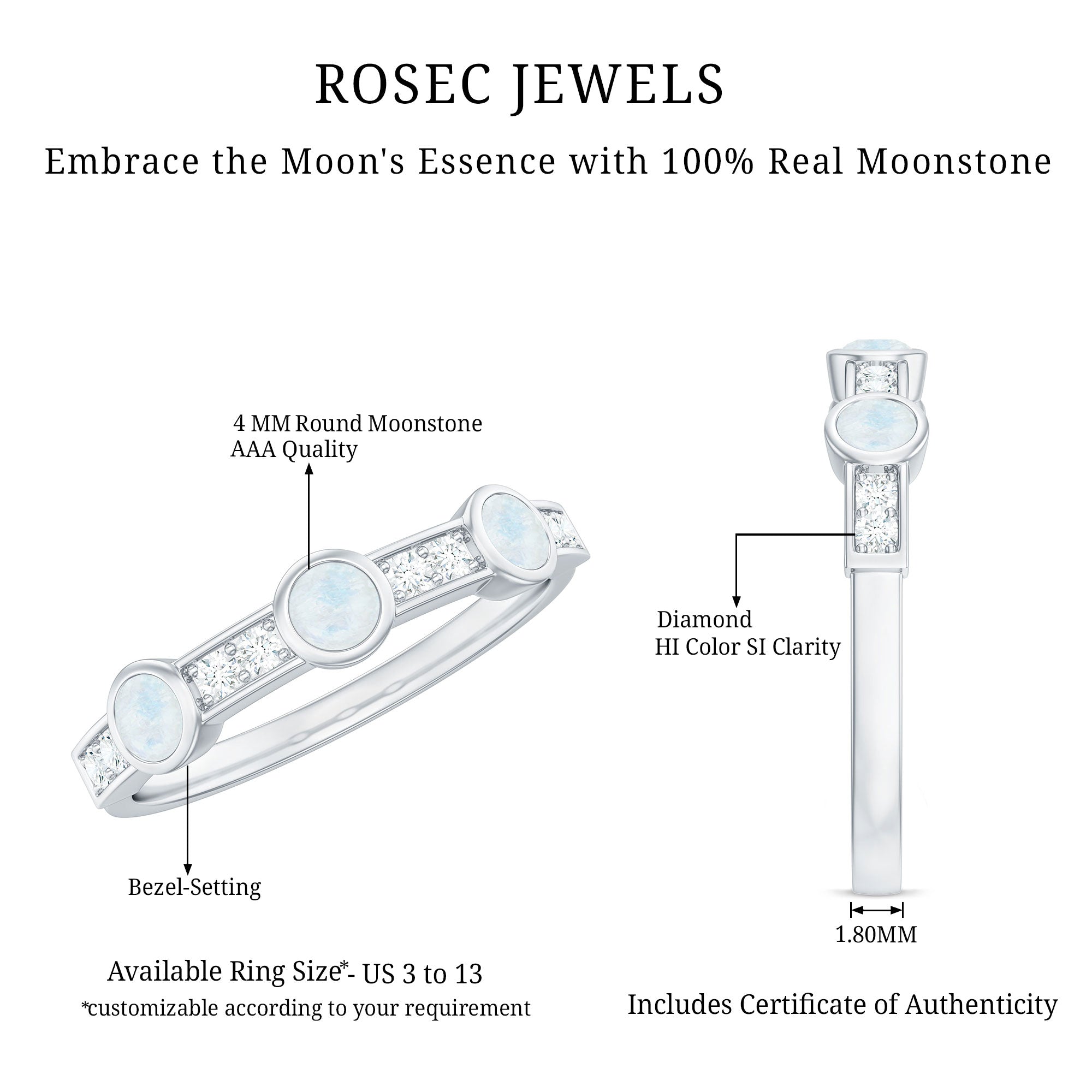 Rosec Jewels-Minimal Half Eternity Ring with Moonstone and Diamond