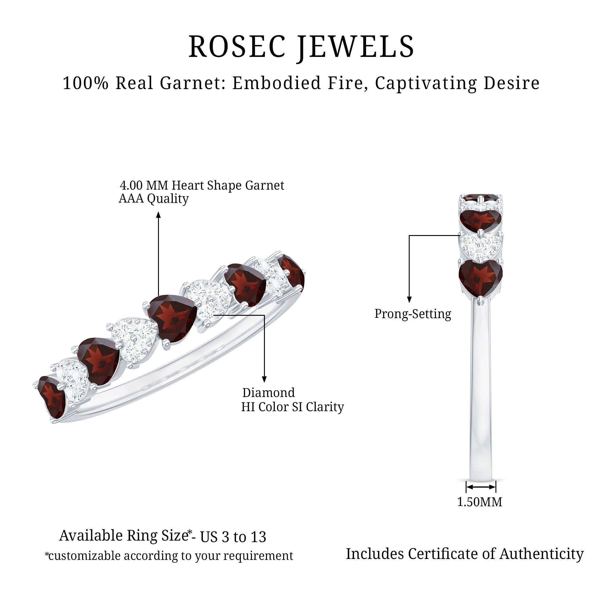 Rosec Jewels-Natural Garnet Diamond Heart Eternity Ring in East West Style