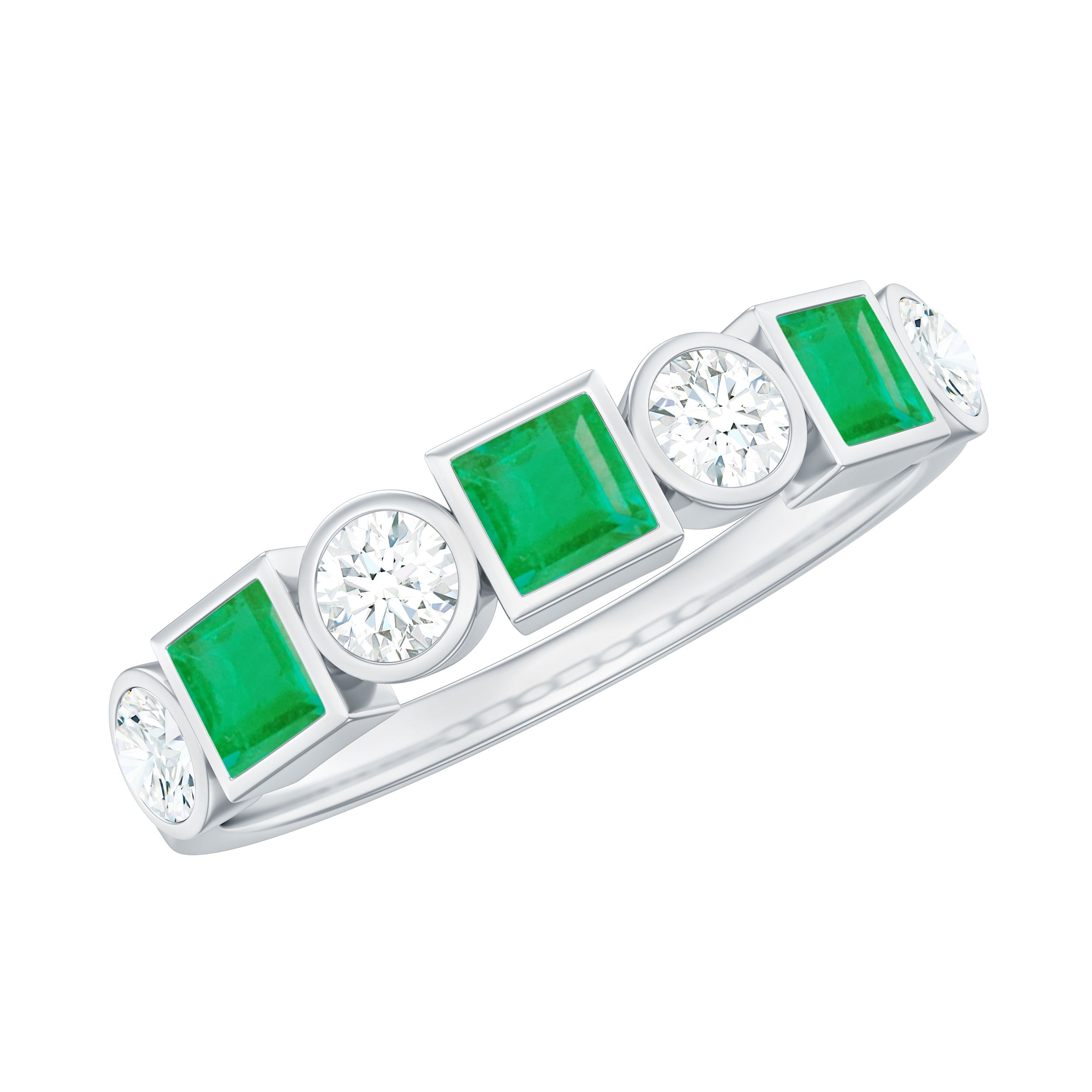 Real Emerald and Diamond Half Eternity Wedding Band in Bezel Set AAA - Rosec Jewels