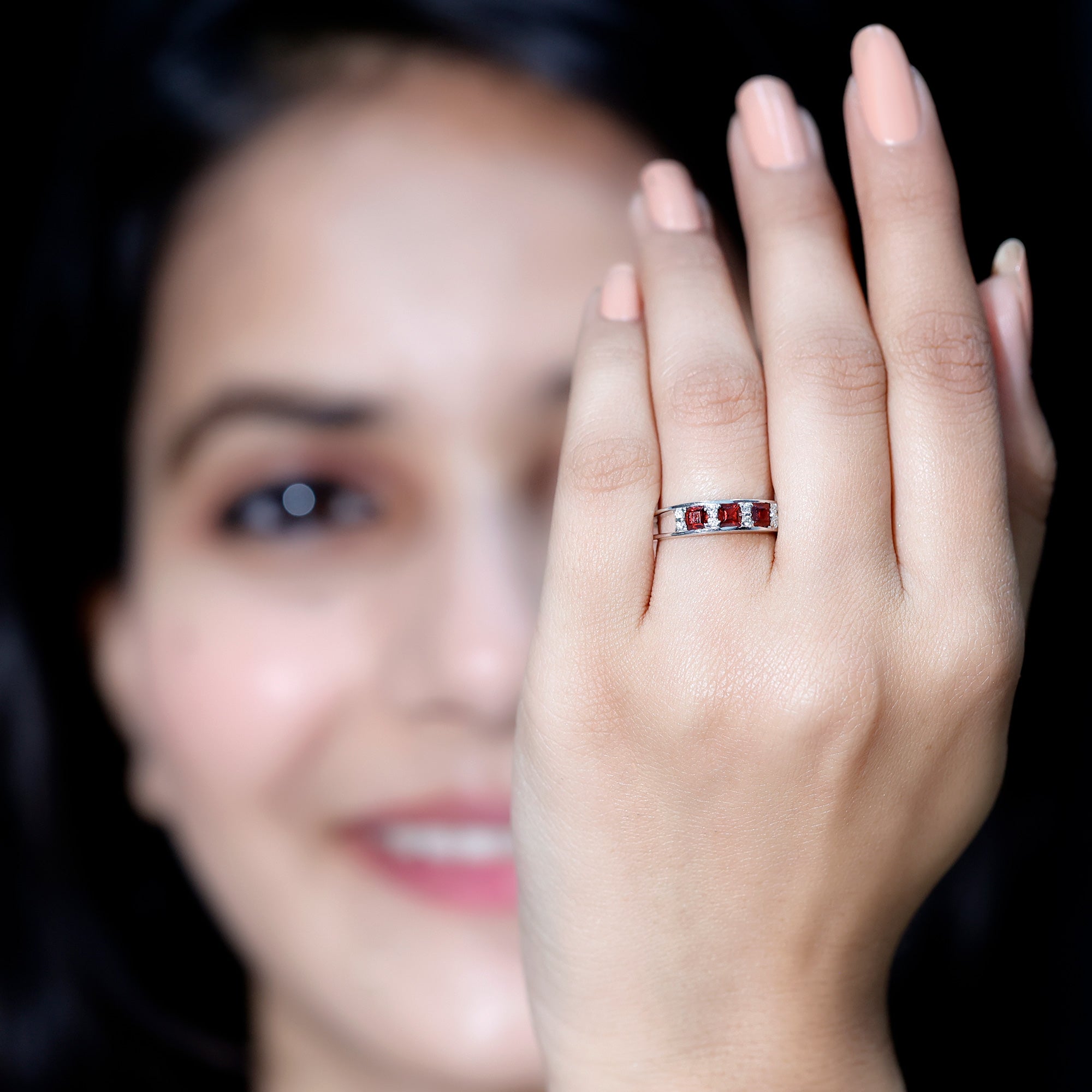 Natural Princess Cut Garnet Diamond Wedding Band AAA - Rosec Jewels