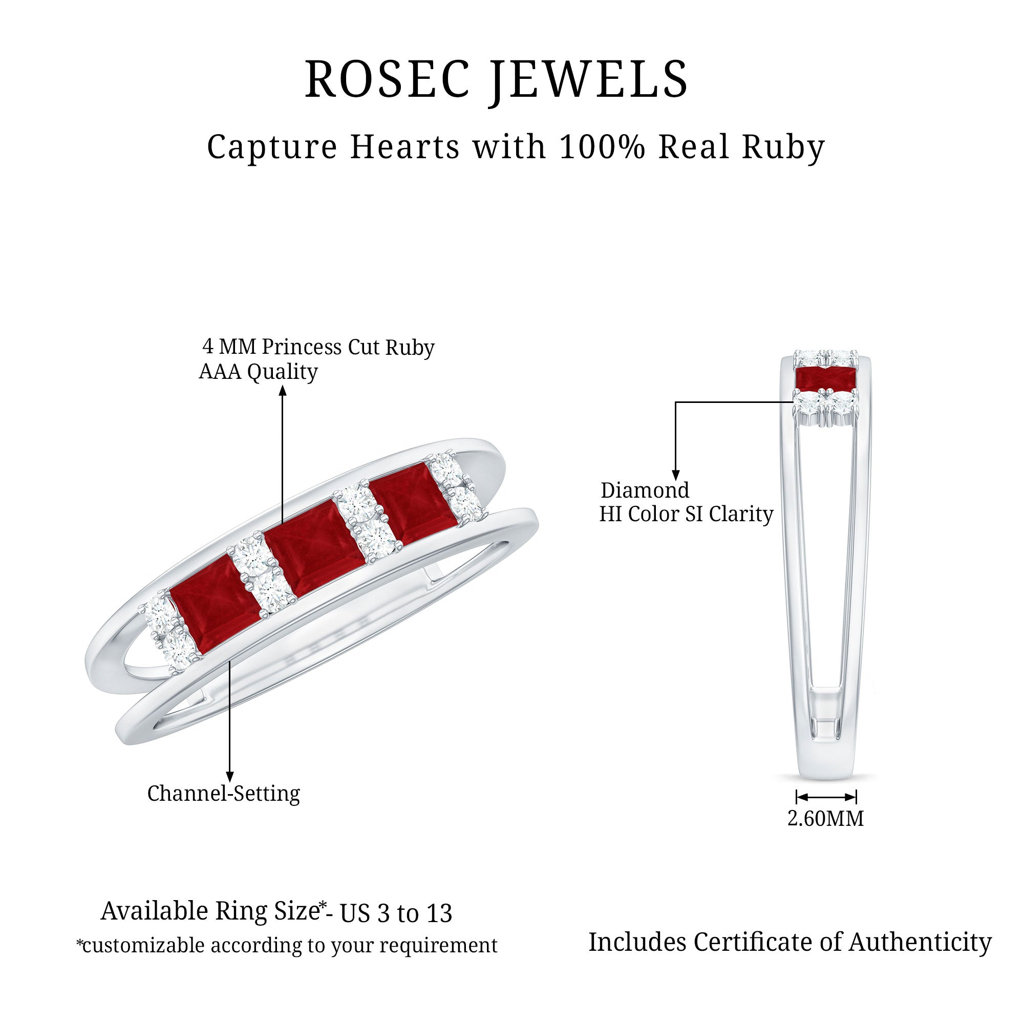 Natural Princess cut Ruby Double Band Ring with Diamond AAA - Rosec Jewels