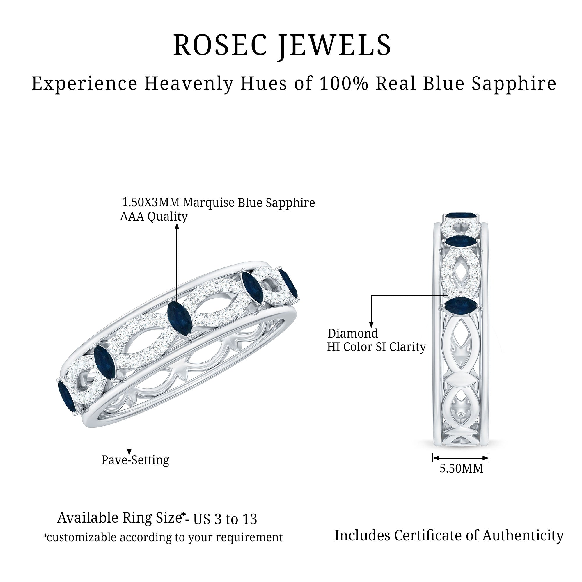 Natural Blue Sapphire Infinity Wedding Band with Diamond AAA - Rosec Jewels