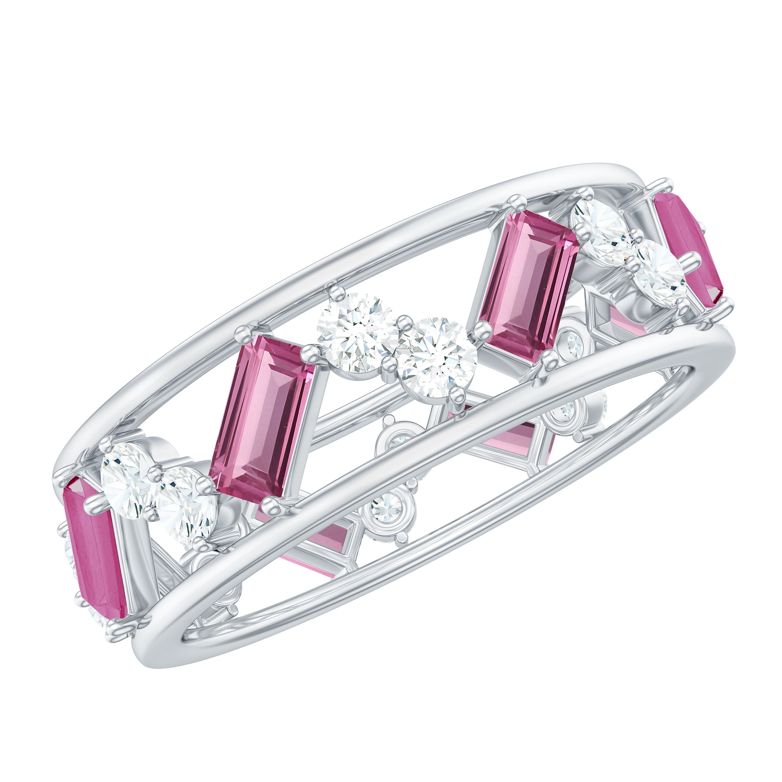 Certified Pink Tourmaline and Diamond Zig Zag Eternity Band AAA - Rosec Jewels