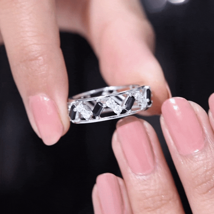 Black Onyx and Diamond Zig Zag Wide Wedding Band AAA - Rosec Jewels