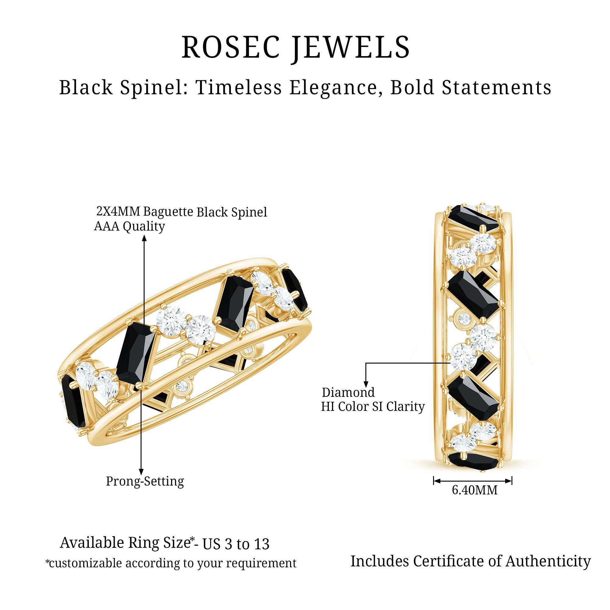 Natural Black Spinel Diamond Eternity Band Ring for Anniversary AAA - Rosec Jewels