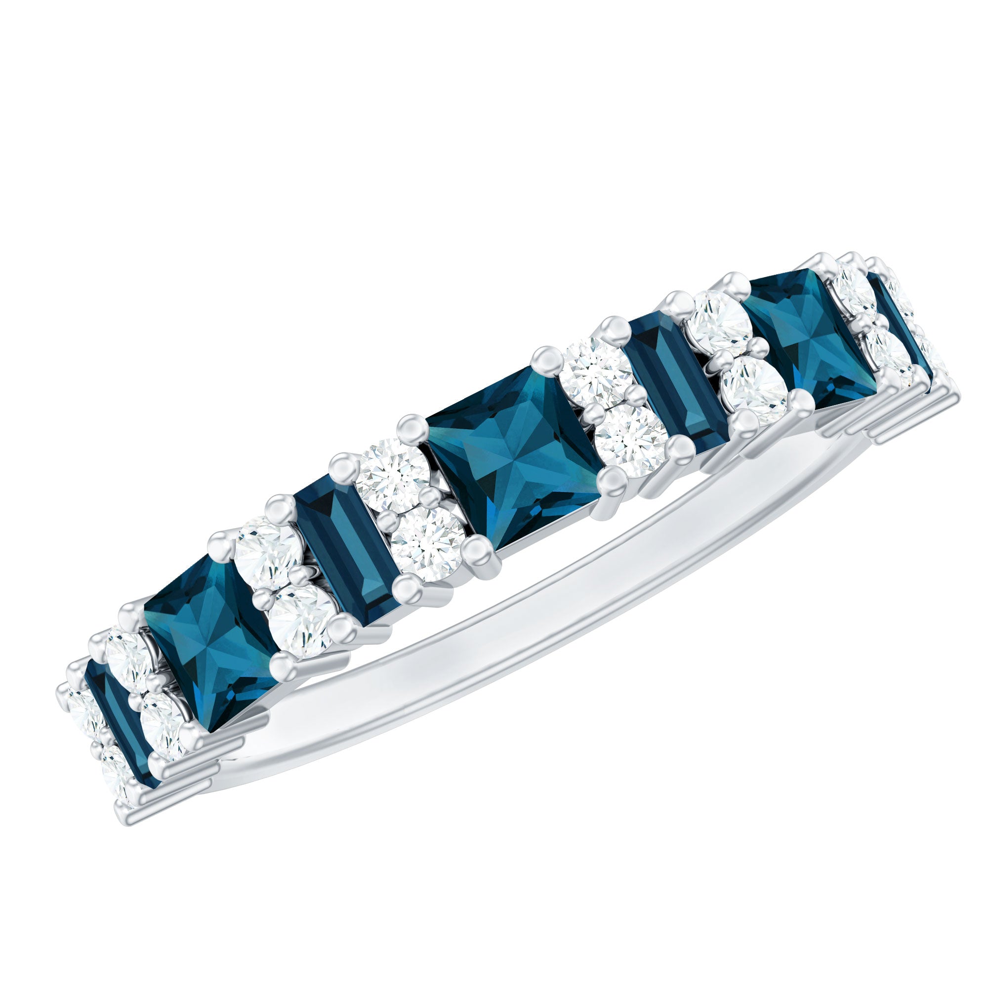 Baguette and Princess Cut London Blue Topaz Half Eternity Ring with Moissanite