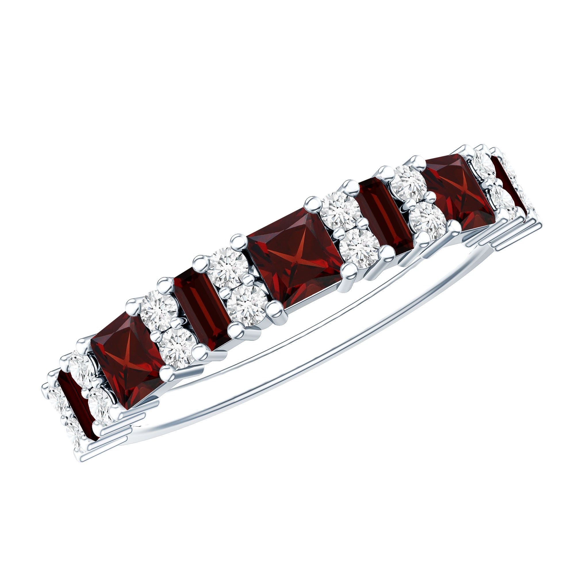 Natural Red Garnet Half Eternity Ring with Diamond AAA - Rosec Jewels