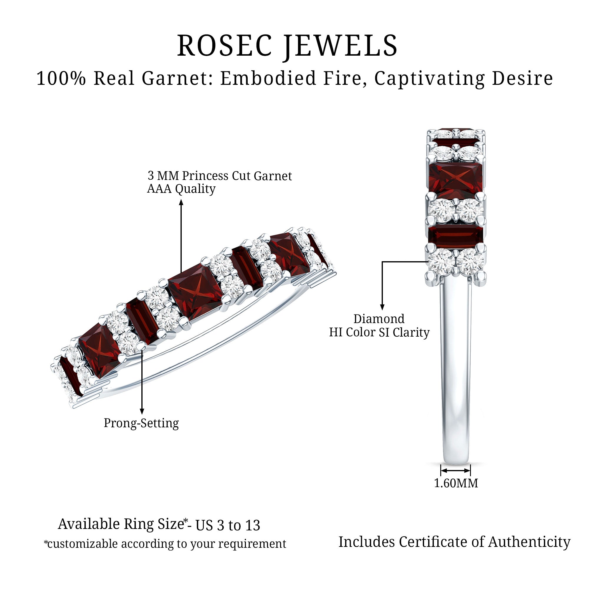 Natural Red Garnet Half Eternity Ring with Diamond AAA - Rosec Jewels