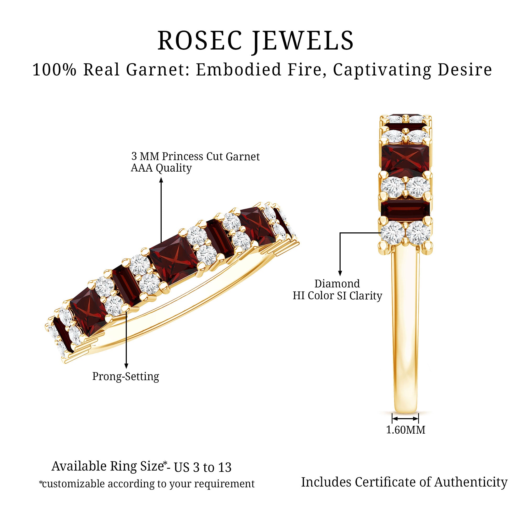 Natural Red Garnet Half Eternity Ring with Diamond AAA - Rosec Jewels
