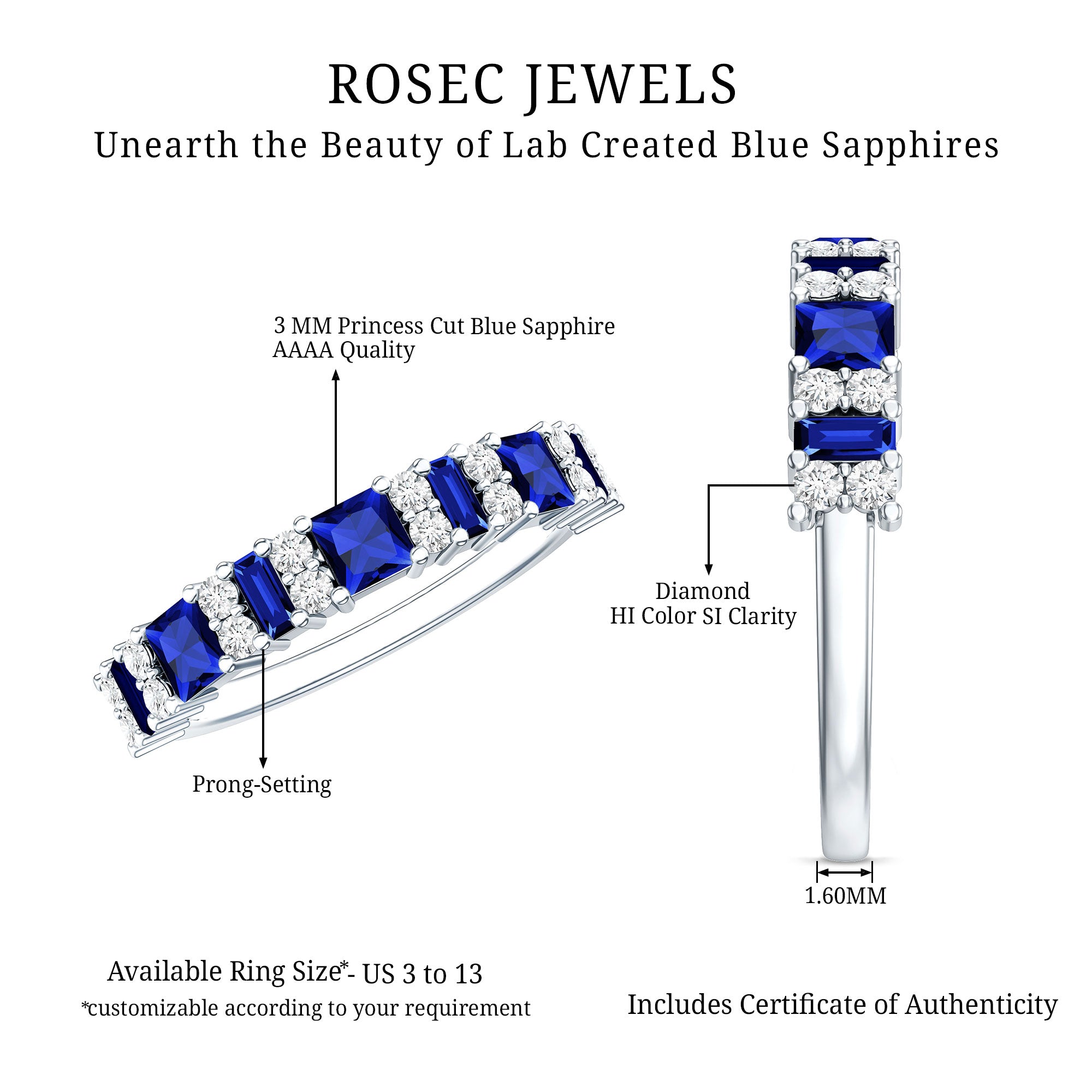Certified Lab Grown Blue Sapphire Half Eternity Wedding Band with Diamond AAAA - Rosec Jewels