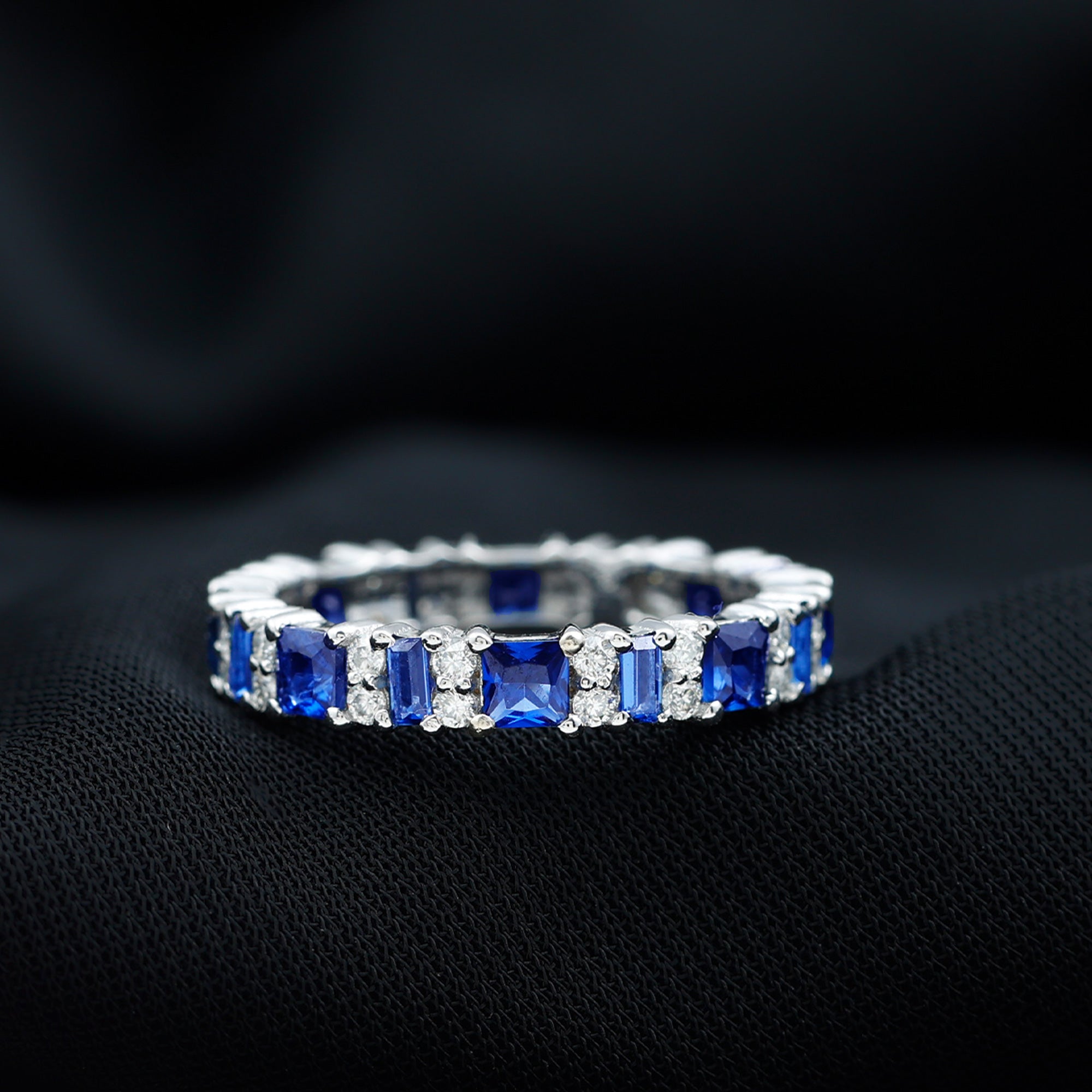 Certified Lab Grown Blue Sapphire Half Eternity Wedding Band with Diamond AAAA - Rosec Jewels