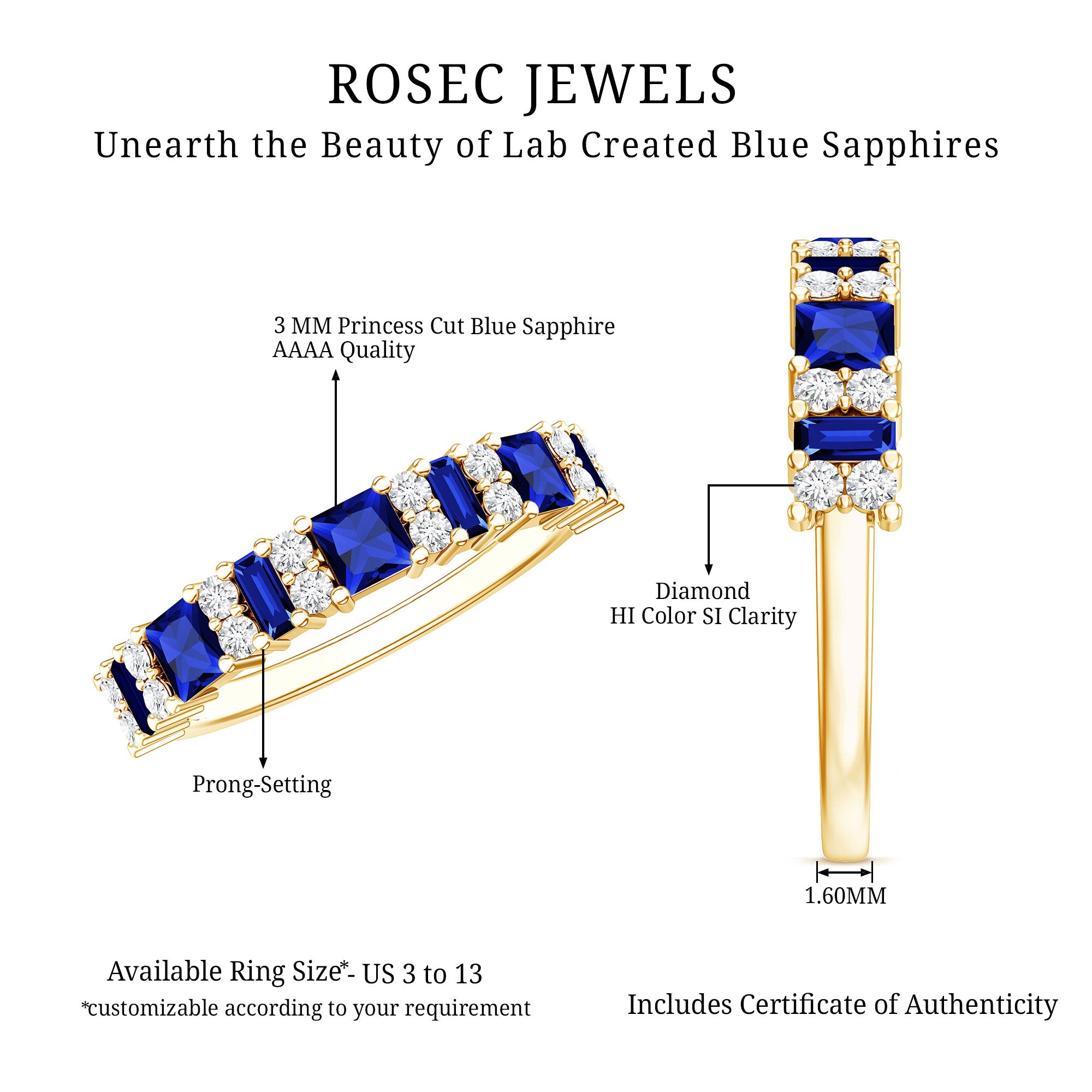 Certified Lab Grown Blue Sapphire Half Eternity Wedding Band with Diamond AAAA - Rosec Jewels
