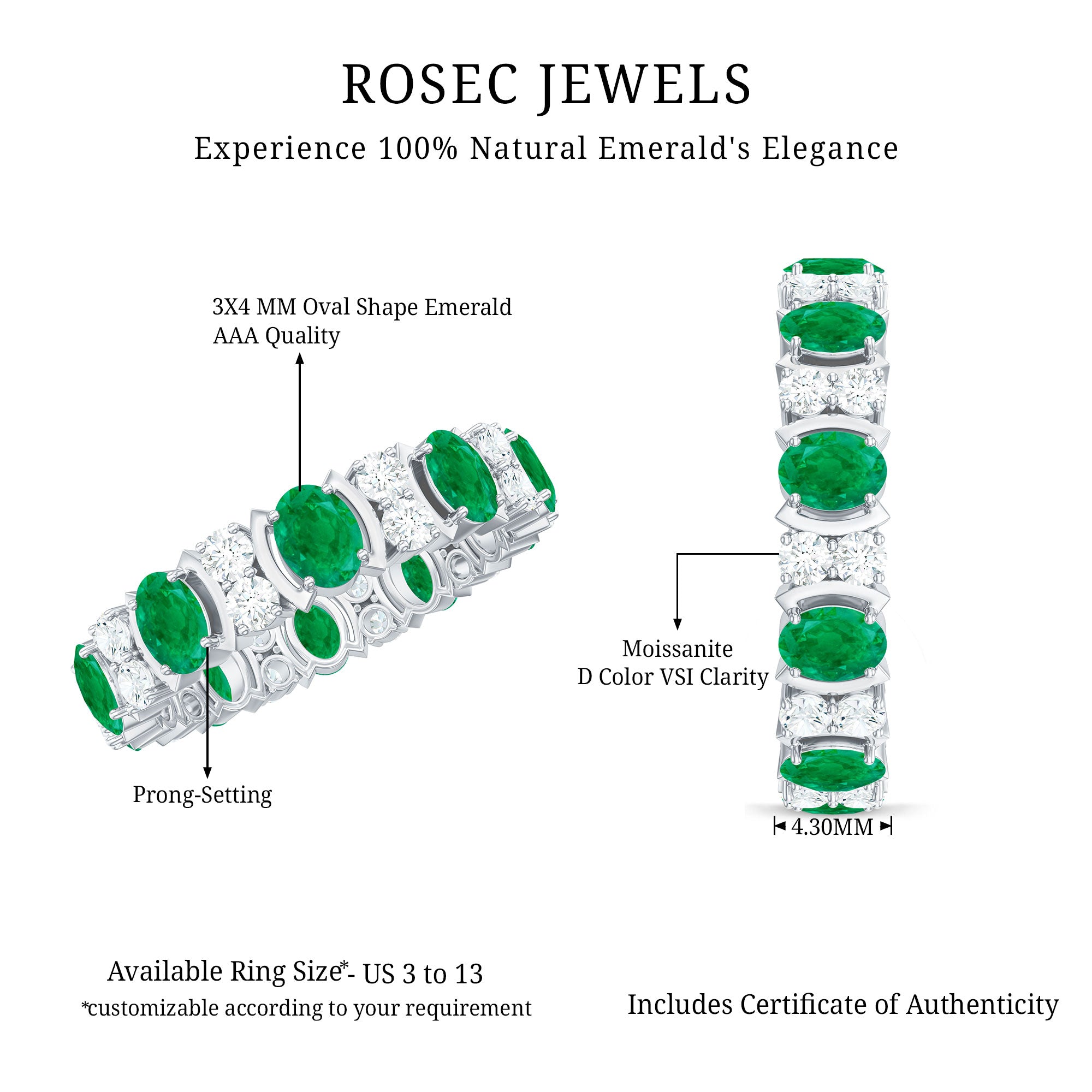 Oval Emerald and Moissanite Eternity Wedding Band AAA - Rosec Jewels