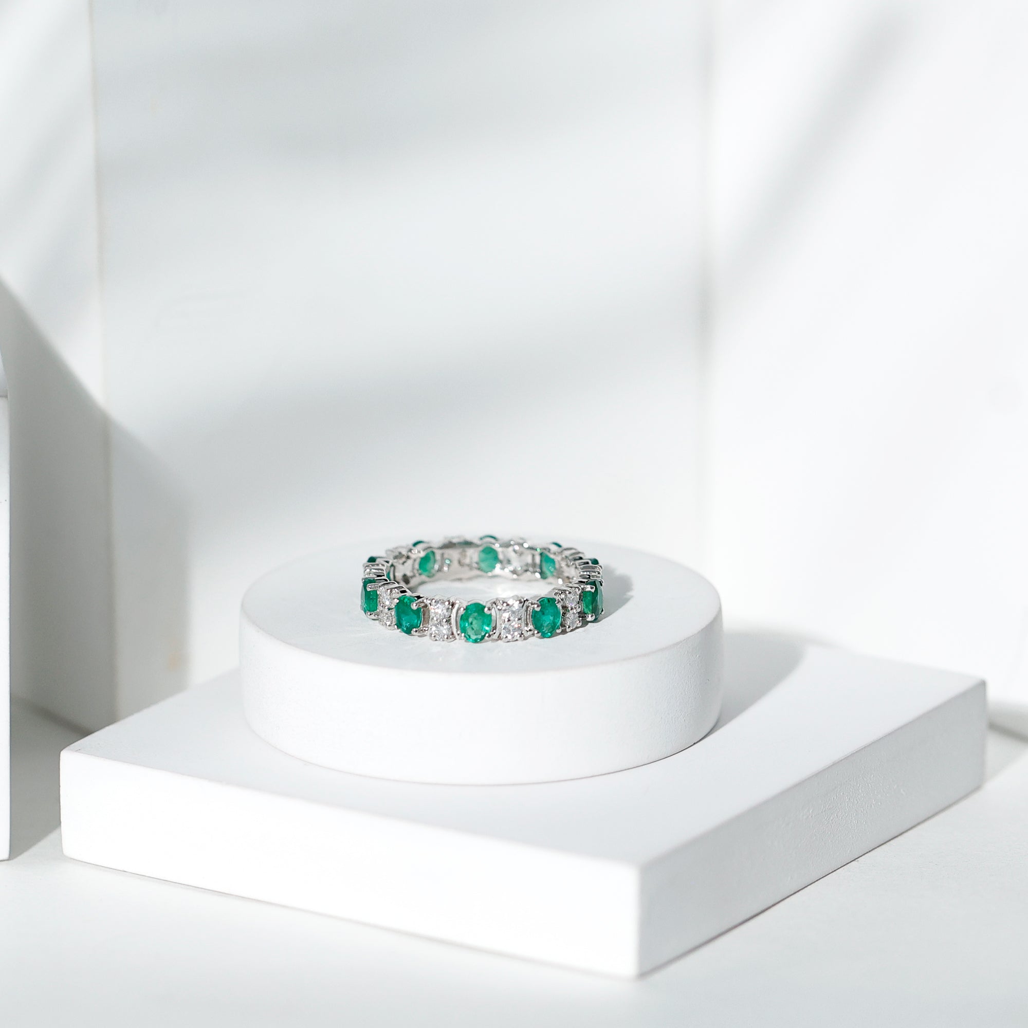 Oval Emerald and Moissanite Eternity Wedding Band AAA - Rosec Jewels