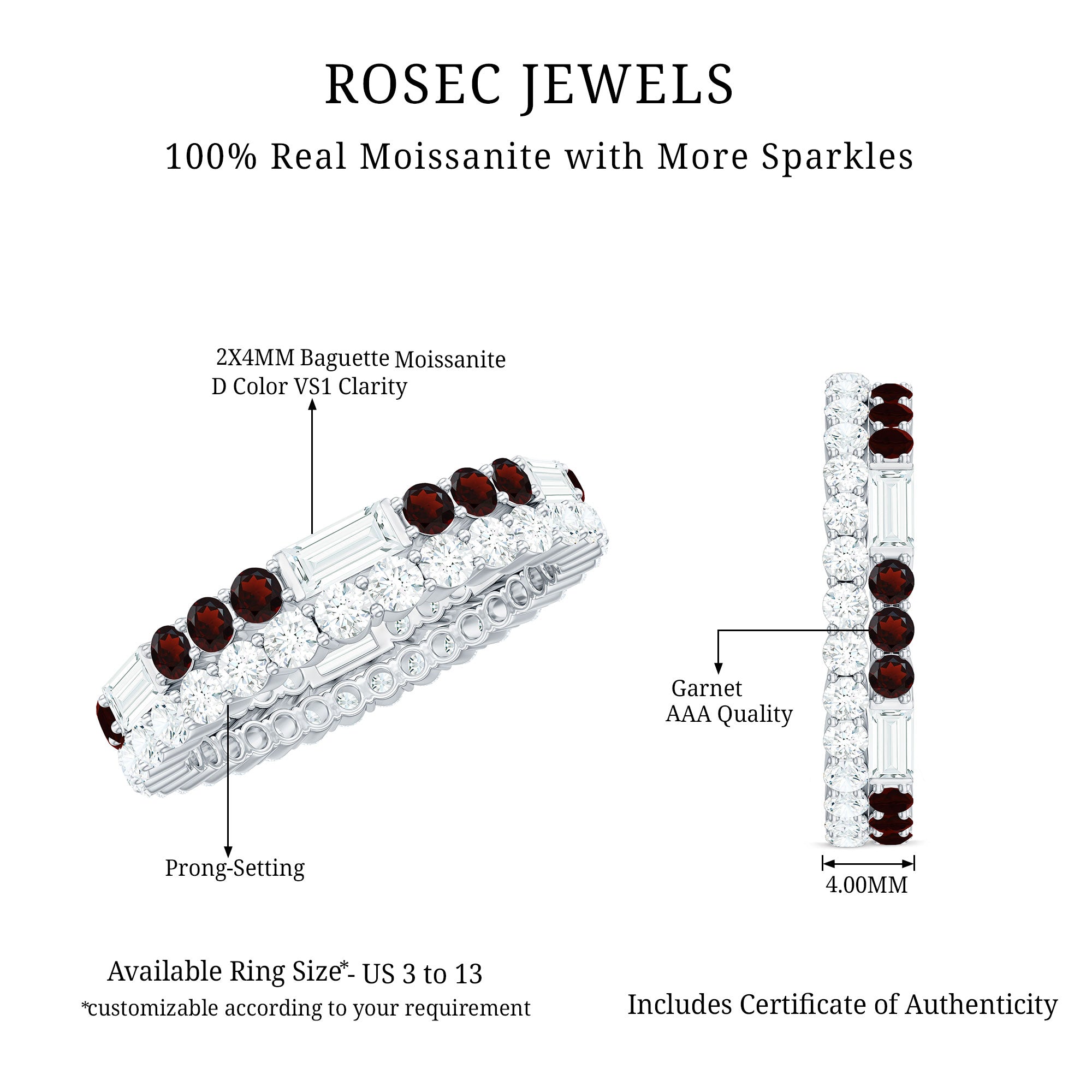 Certified Real Garnet Two Row Wedding Eternity Band Ring AAA - Rosec Jewels