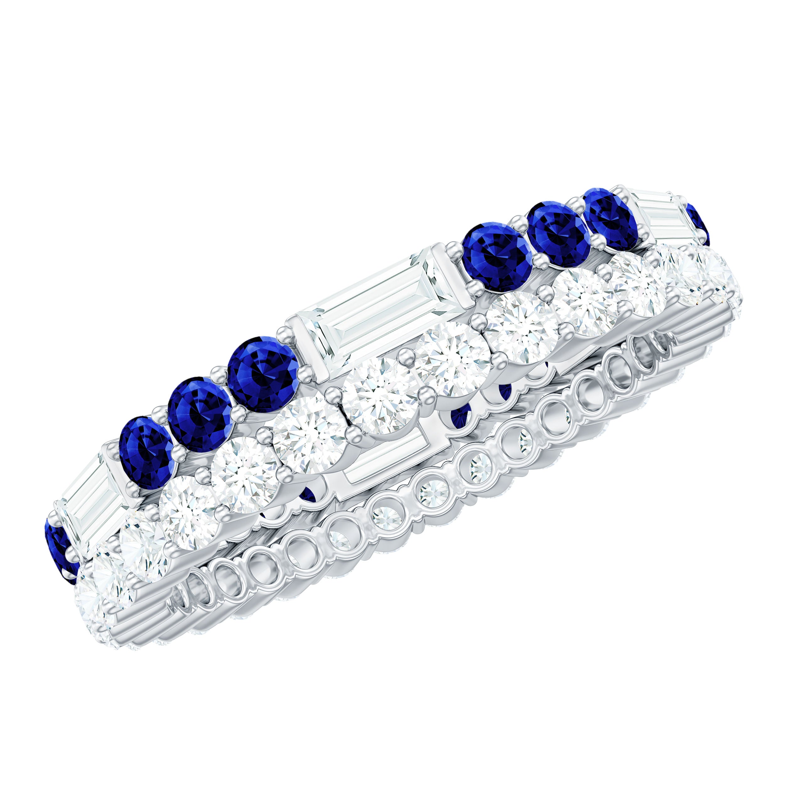 Certified Moissanite Eternity Band Ring with Lab Blue Sapphire