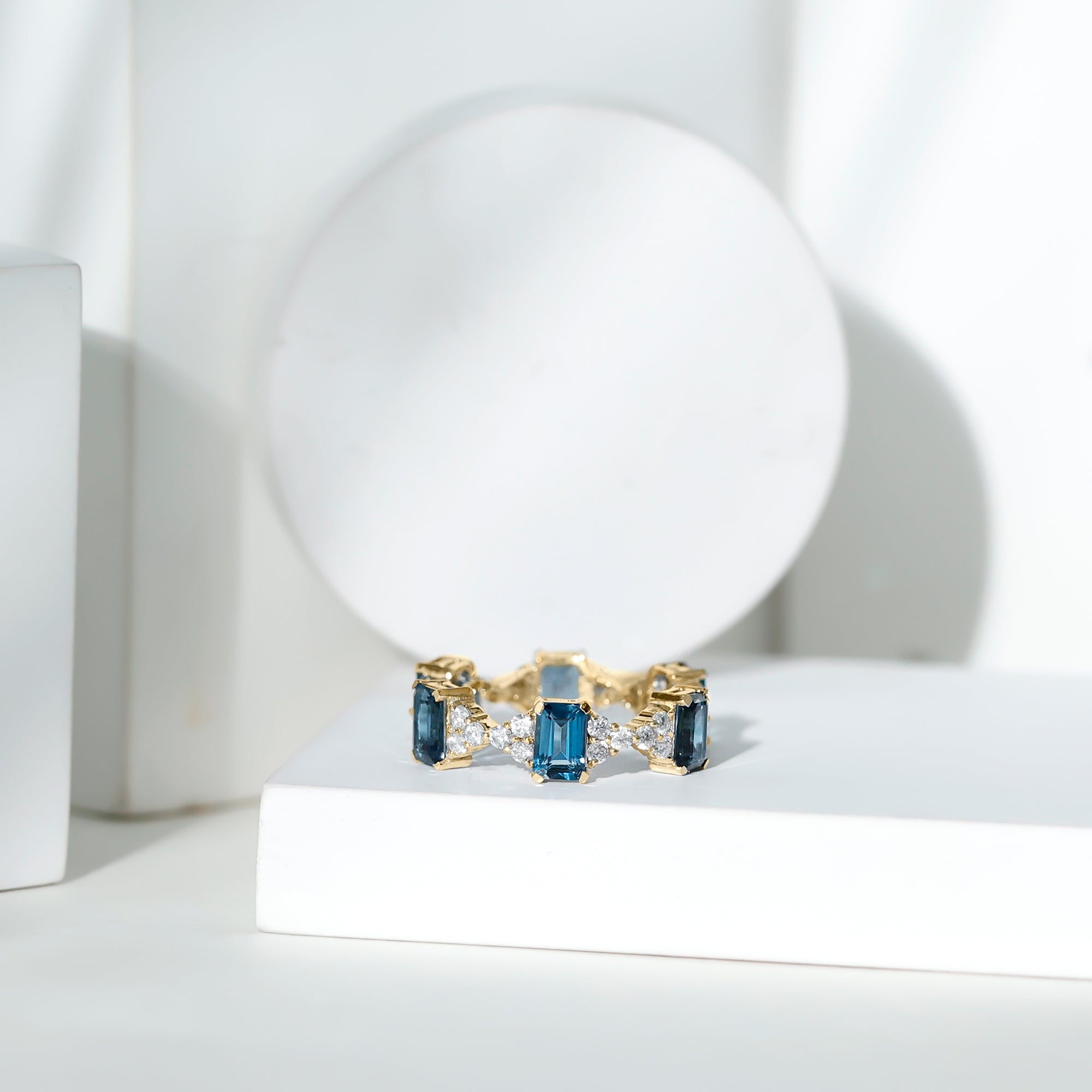 4X6mm Emerald Cut London Blue Topaz Designer Eternity Ring with Moissanite AAA - Rosec Jewels