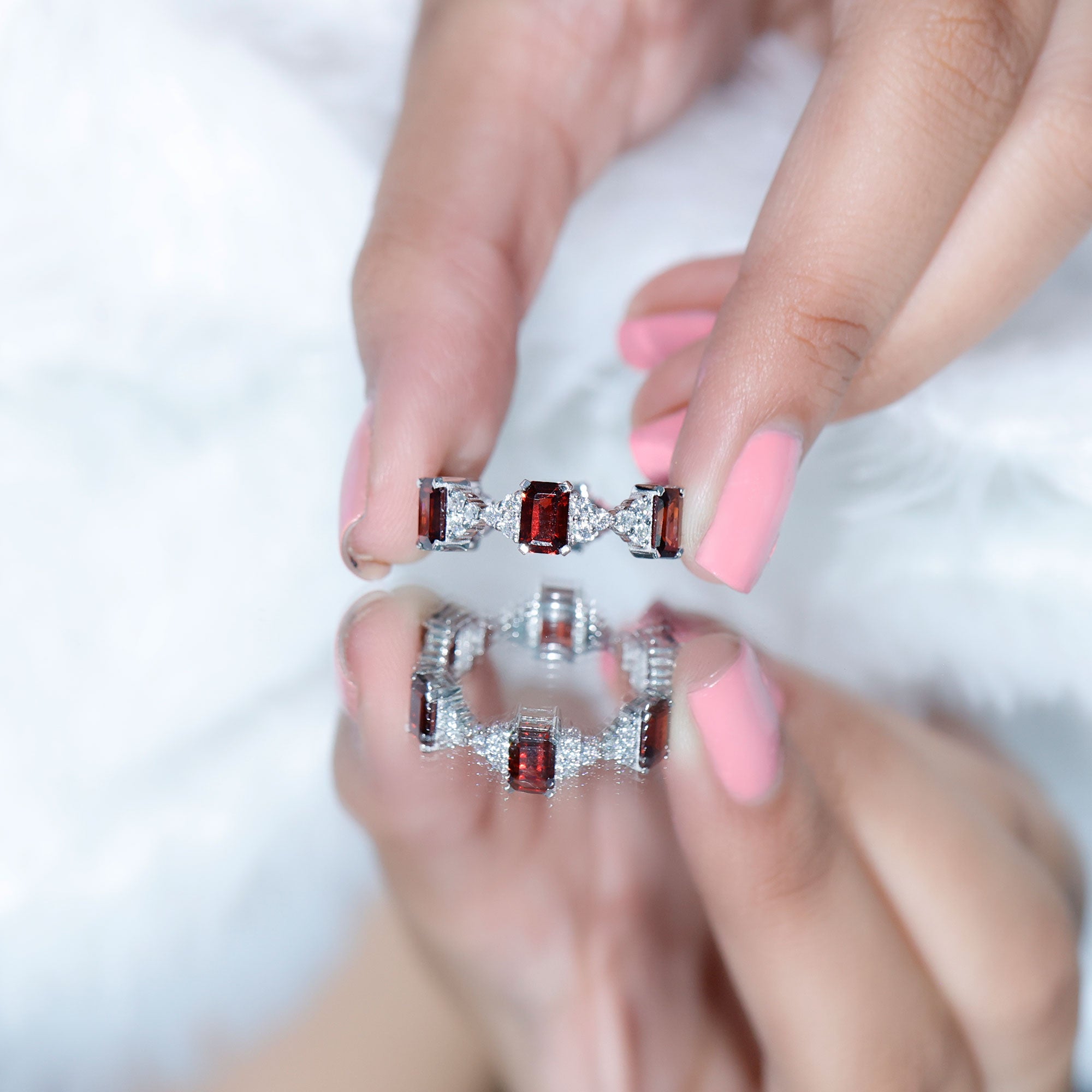 Art Deco Emerald Cut Garnet Eternity Band Ring with Moissanite AAA - Rosec Jewels