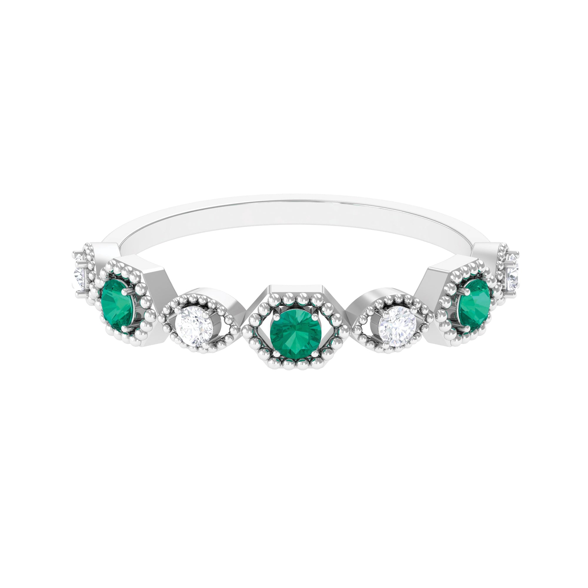 Certified Natural Emerald Art Deco Half Eternity Ring with Diamond