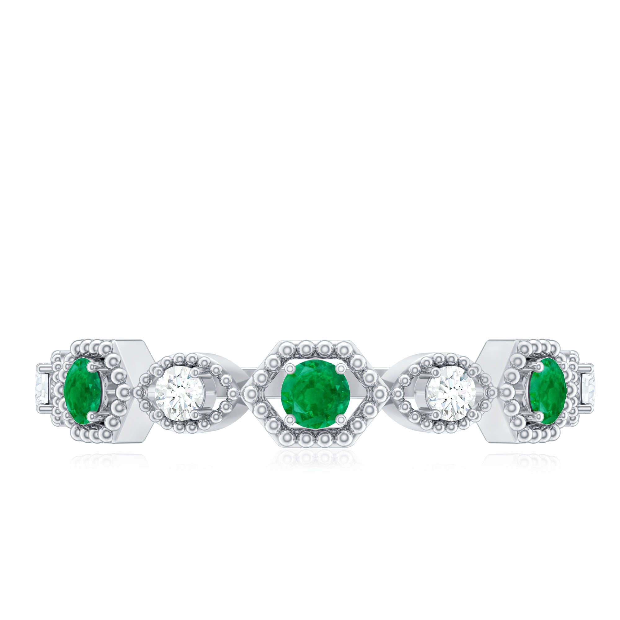 Certified Natural Emerald Art Deco Half Eternity Ring with Diamond AAA - Rosec Jewels