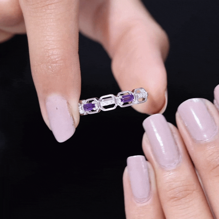 Natural Baguette Amethyst Half Eternity Wedding Band with Diamond AAA - Rosec Jewels