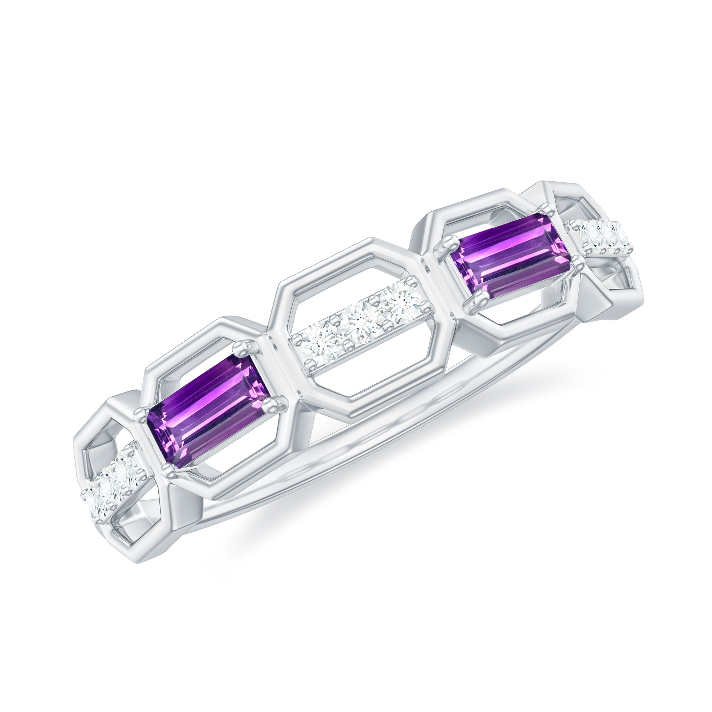 Natural Baguette Amethyst Half Eternity Wedding Band with Diamond AAA - Rosec Jewels