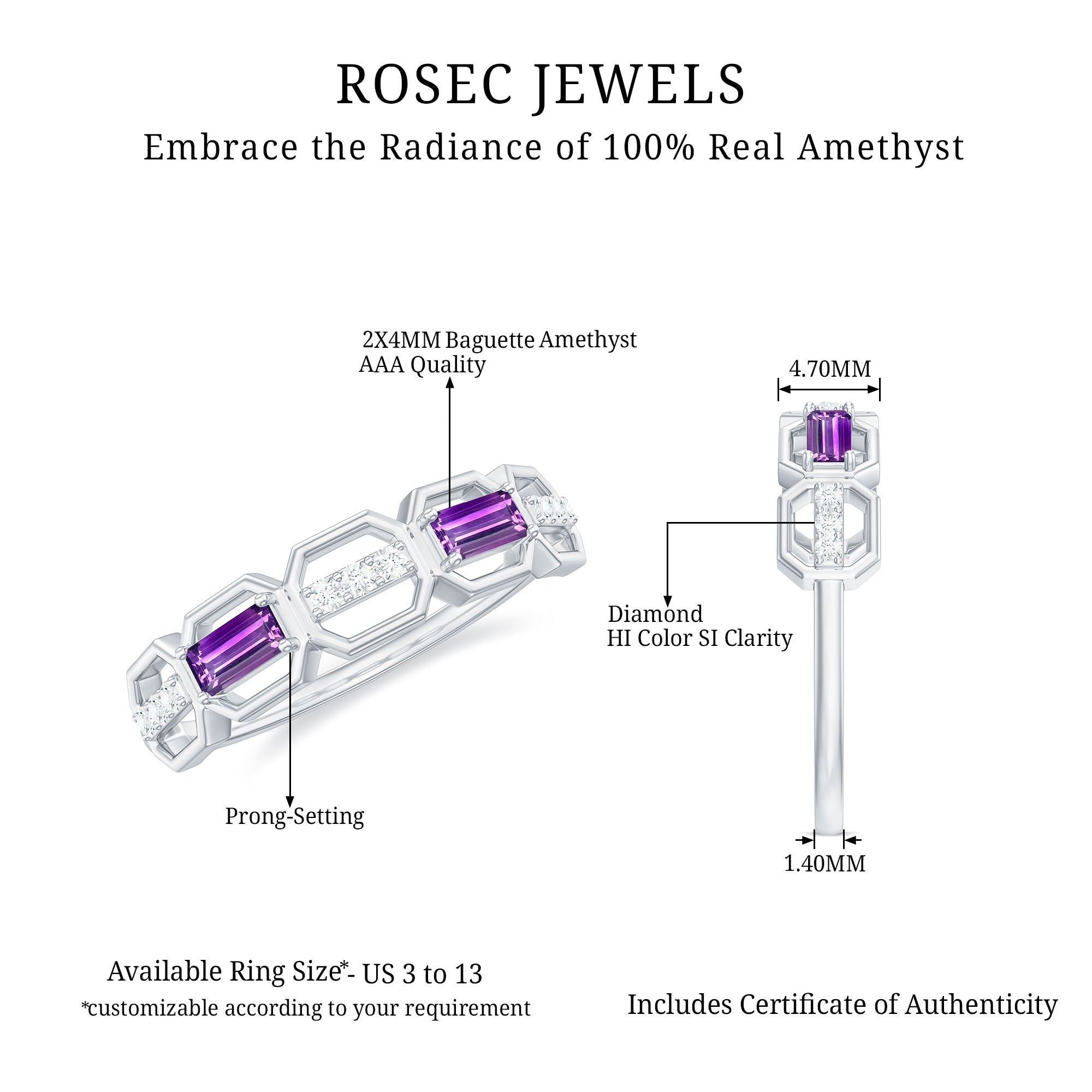 Natural Baguette Amethyst Half Eternity Wedding Band with Diamond AAA - Rosec Jewels