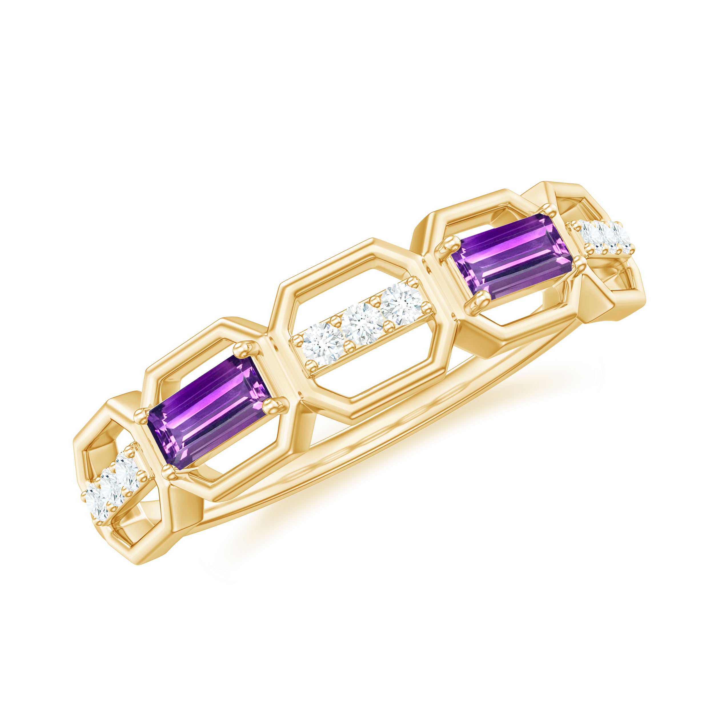 Natural Baguette Amethyst Half Eternity Wedding Band with Diamond AAA - Rosec Jewels