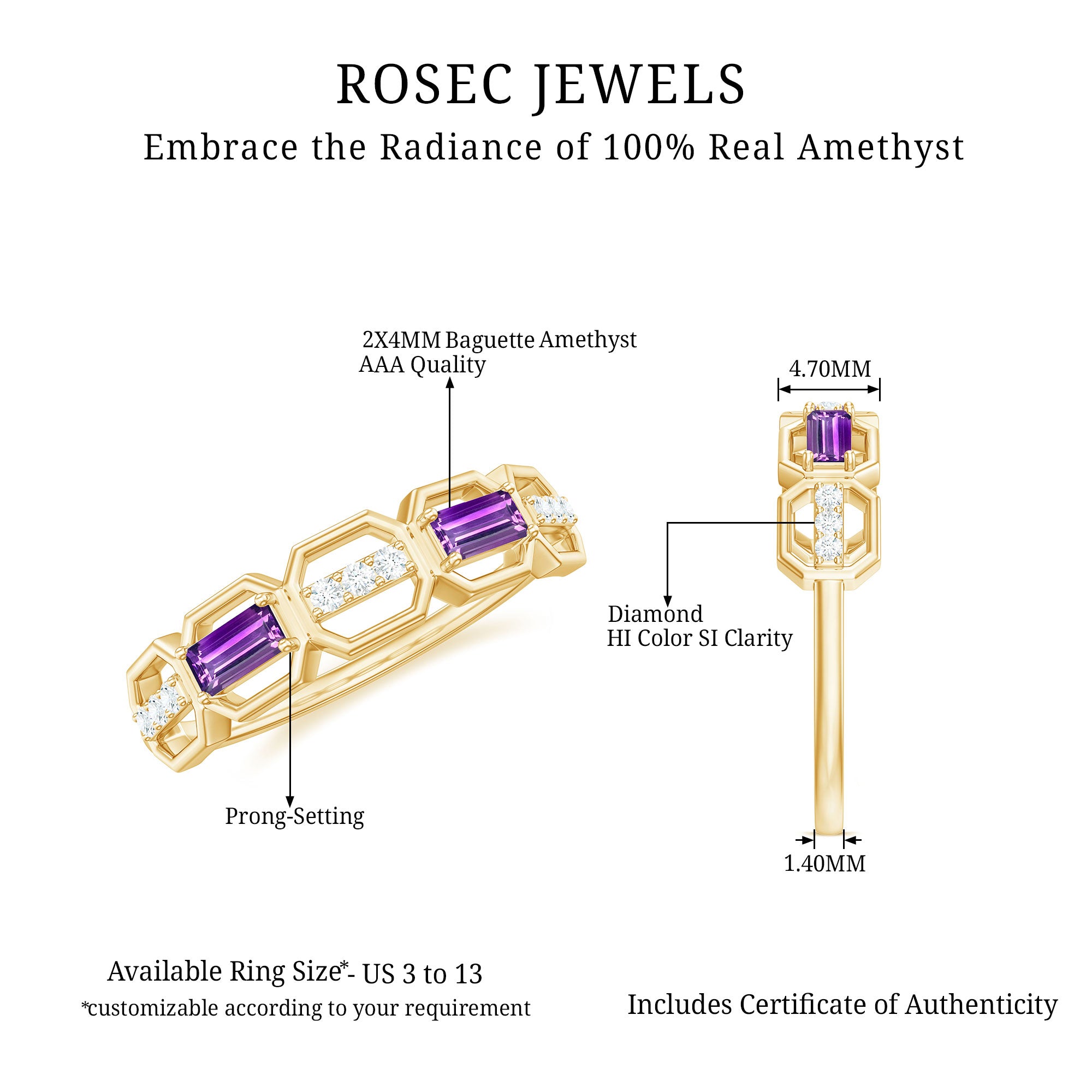 Natural Baguette Amethyst Half Eternity Wedding Band with Diamond AAA - Rosec Jewels