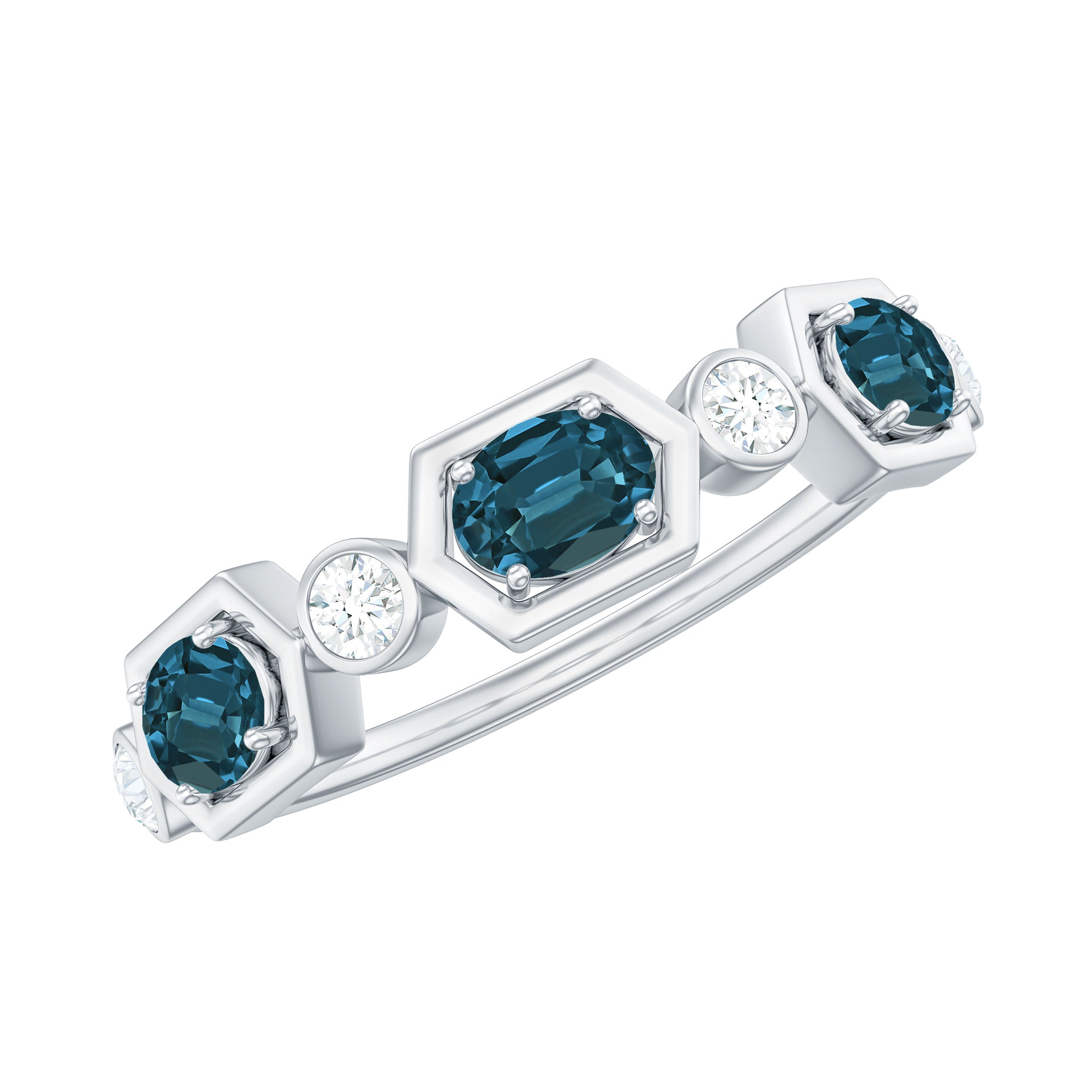 Real Certified London Blue Topaz Halft Eternity Band Ring with Diamond