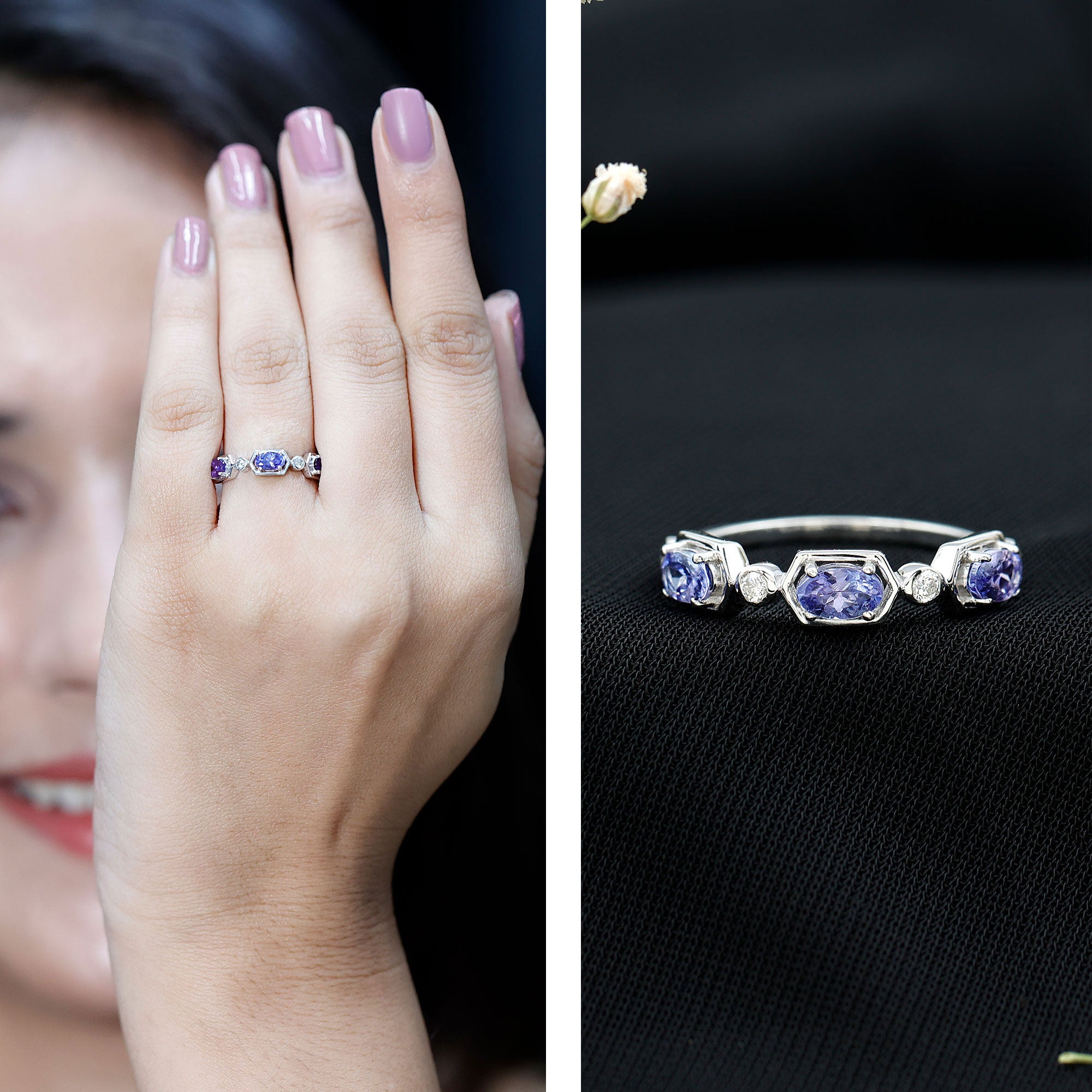 Rosec Jewels-Real Tanzanite and Diamond Half Eternity Ring
