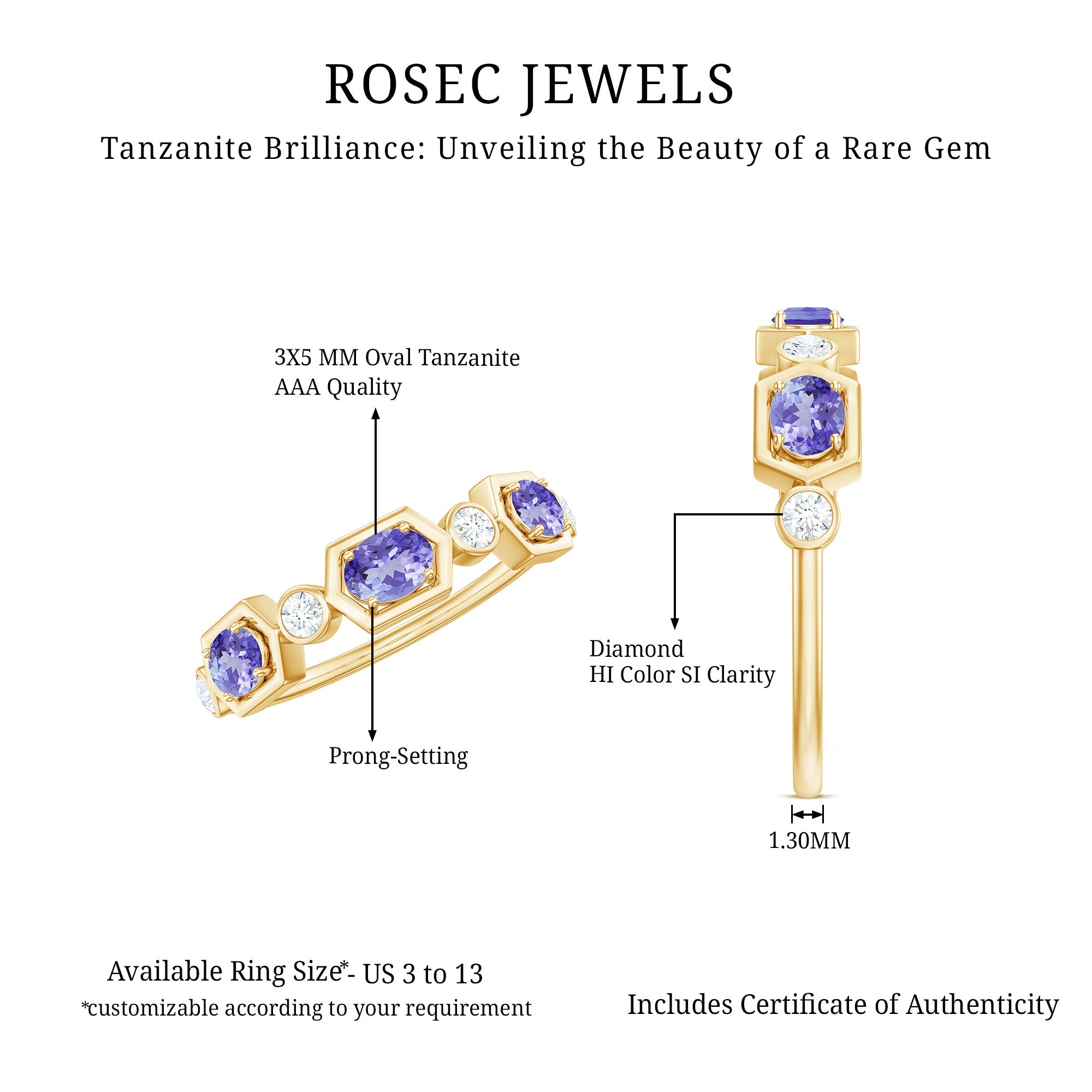 Rosec Jewels-Real Tanzanite and Diamond Half Eternity Ring