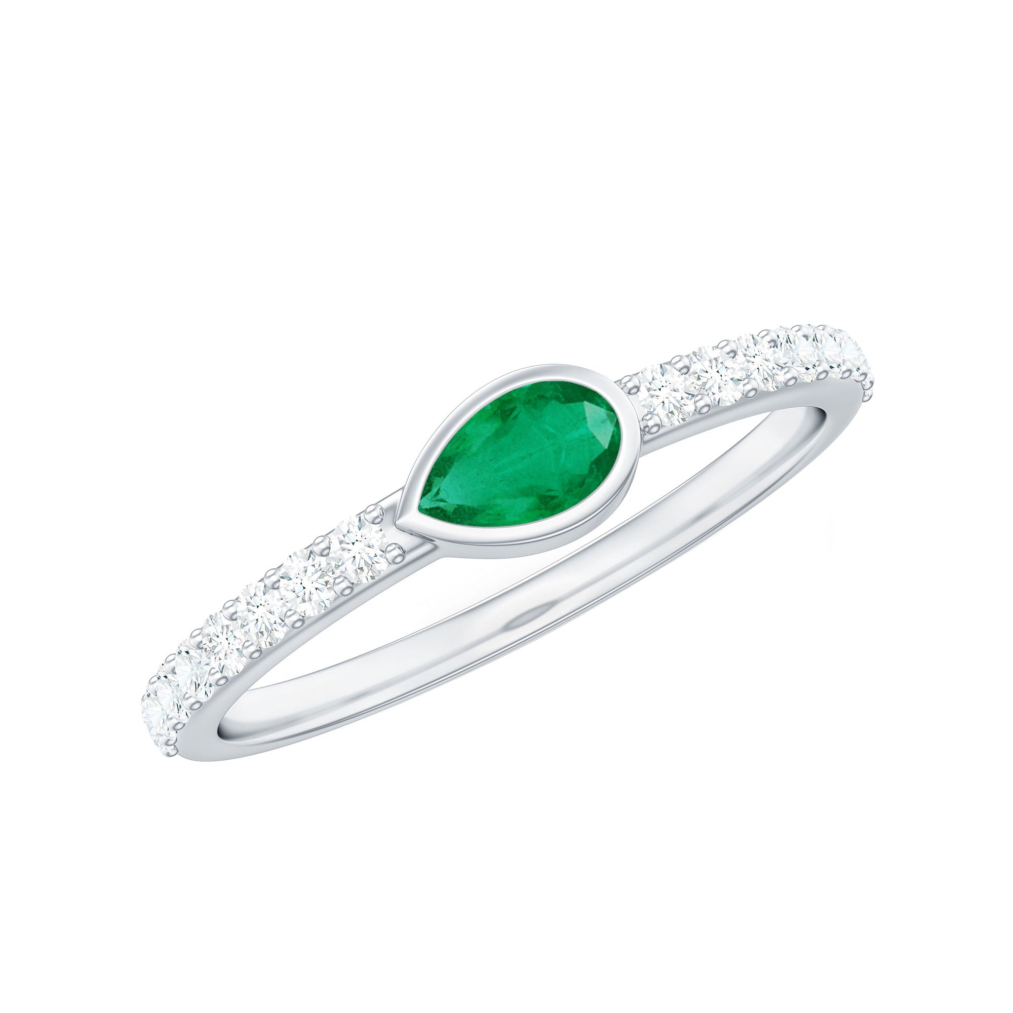 Rosec Jewels-Natural Pear Shape Emerald Diamond Promise Ring in Bezel Setting