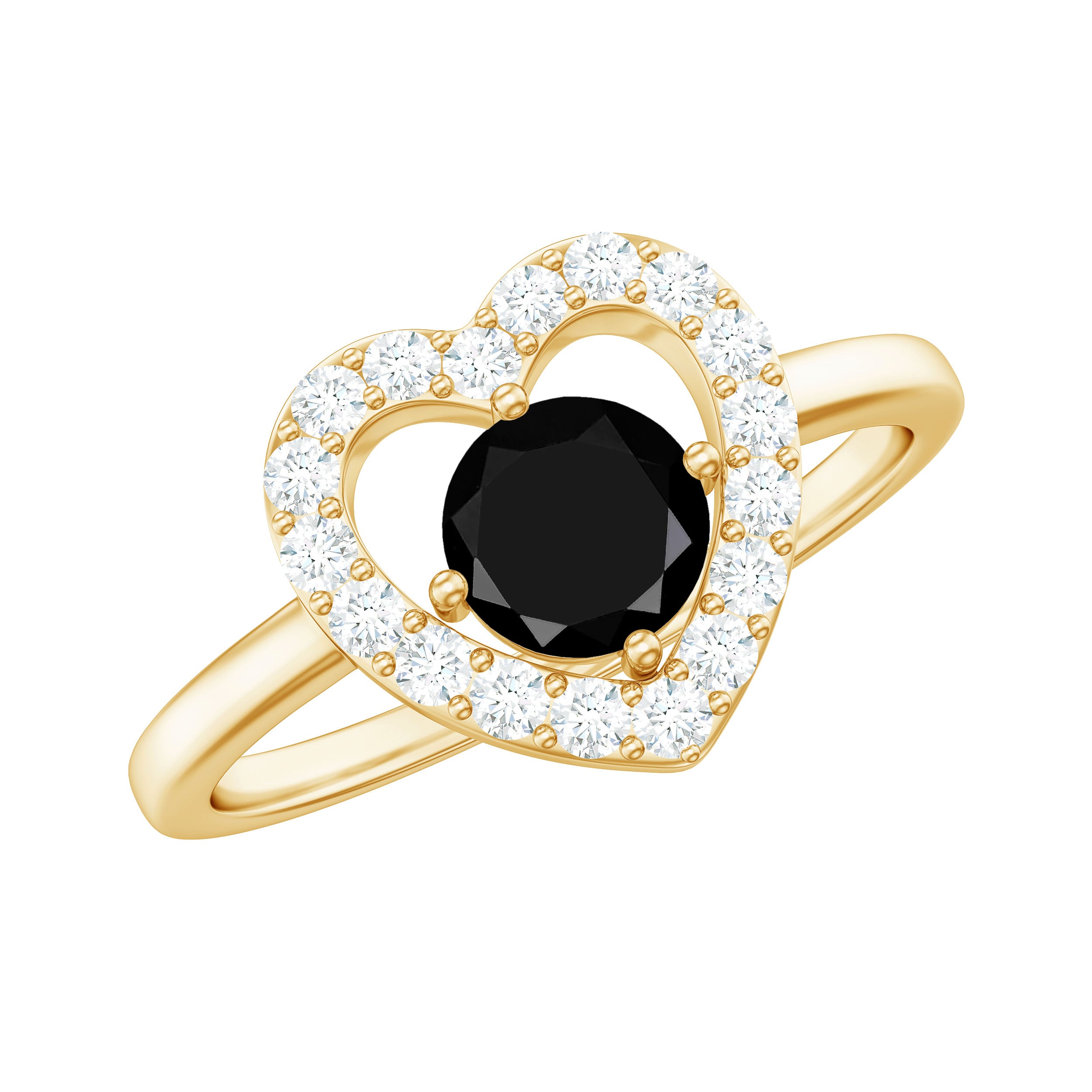Genuine Black Onyx and Diamond Heart Engagement Ring AAA - Rosec Jewels