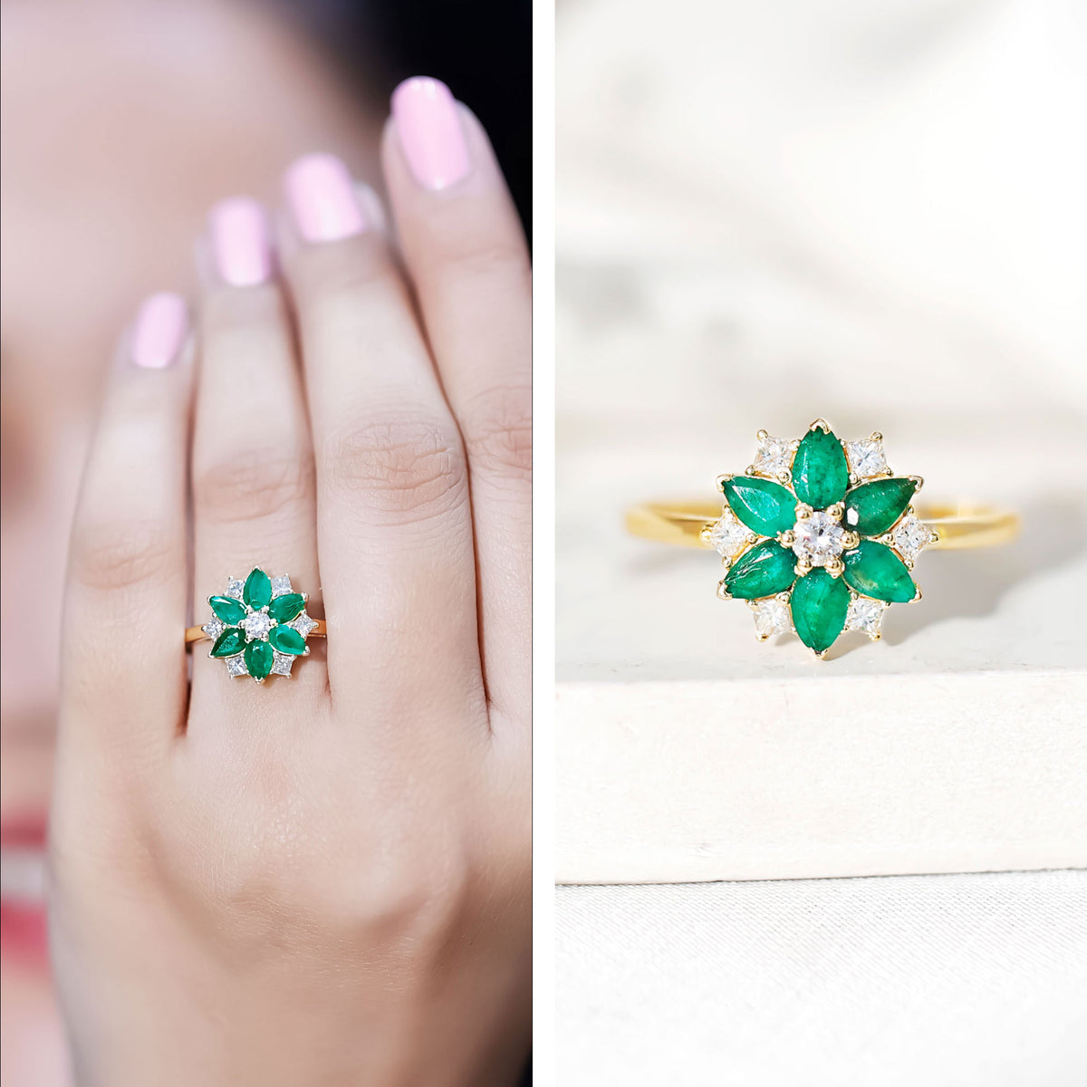 Genuine Emerald and Diamond Nature Inspired Statement Ring AAA - Rosec Jewels