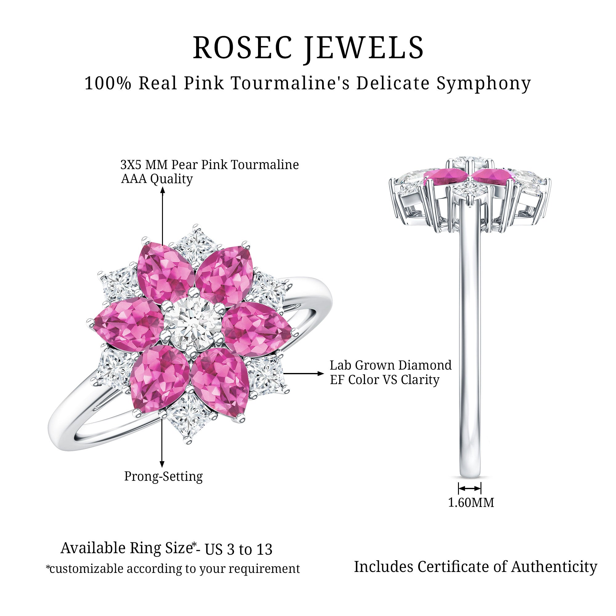 Certified Pink Tourmaline Flower Engagement Ring with Diamond AAA - Rosec Jewels