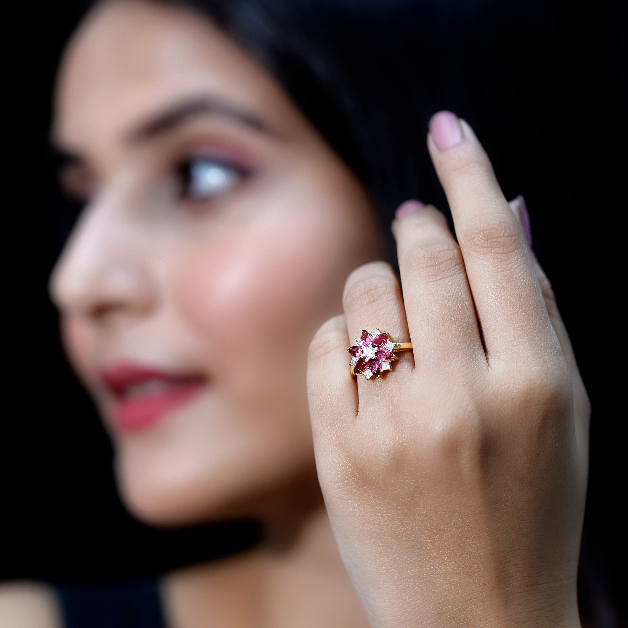 Certified Pink Tourmaline Flower Engagement Ring with Diamond AAA - Rosec Jewels