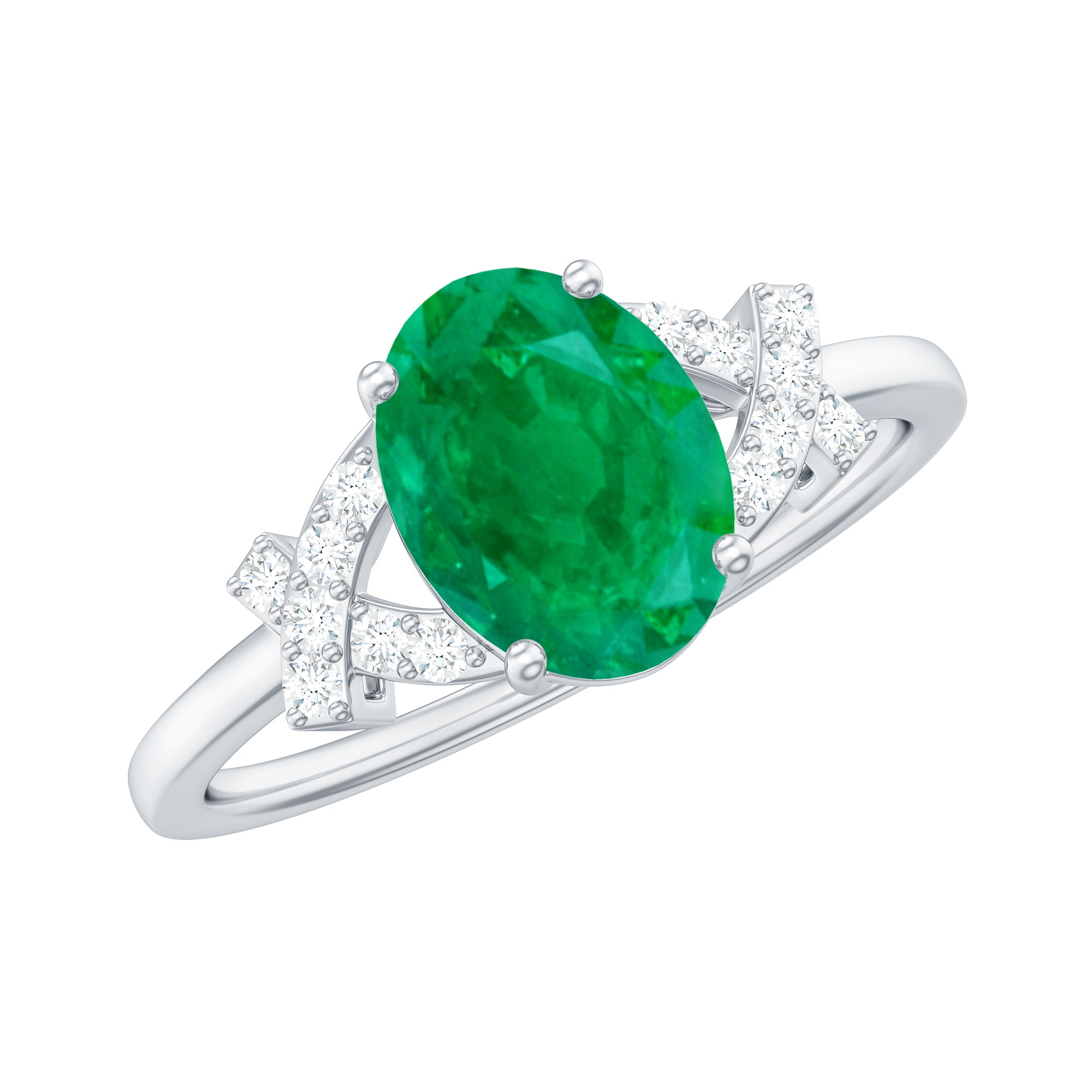 Real Solitaire Emerald Oval Engagement Ring with Diamond Split Shank