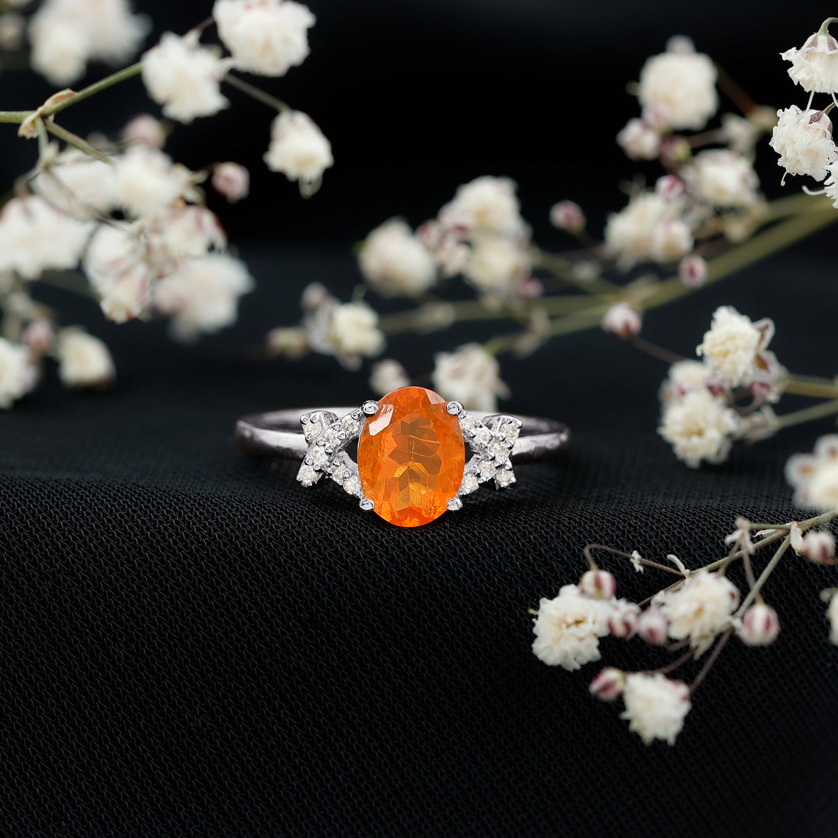 1 Carat Oval Fire Opal and Diamond Engagement Ring with Split Shank AAA - Rosec Jewels