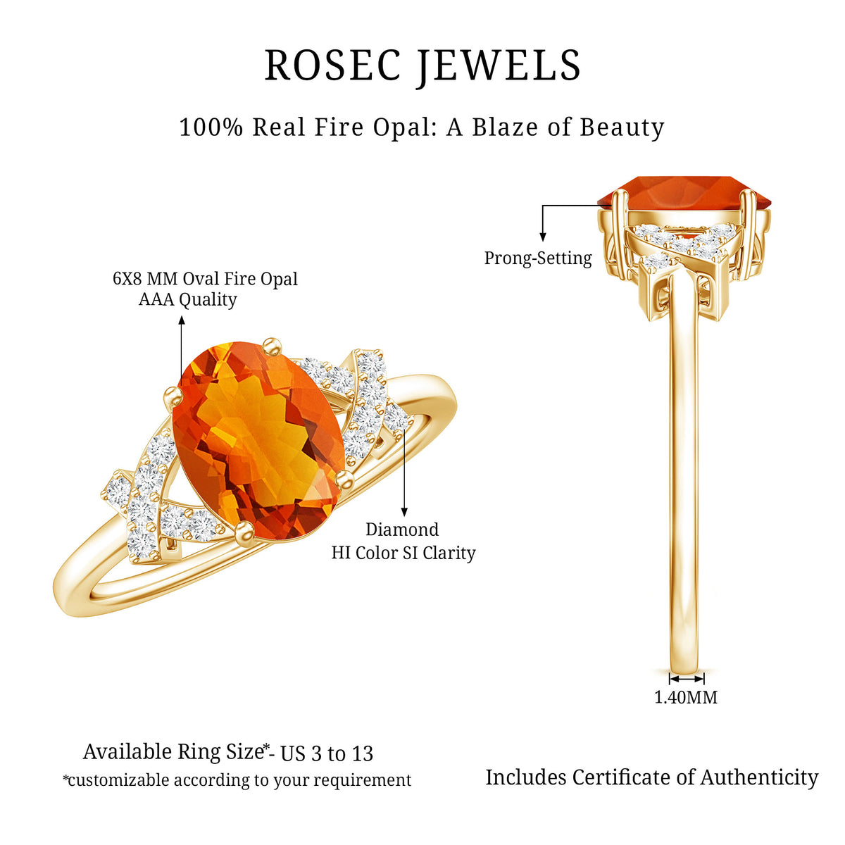 1 Carat Oval Fire Opal and Diamond Engagement Ring with Split Shank AAA - Rosec Jewels
