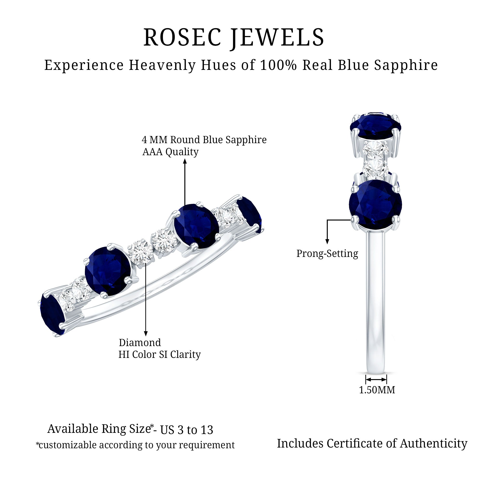 Genuine Blue Sapphire Half Eternity Ring with Diamond AAA - Rosec Jewels