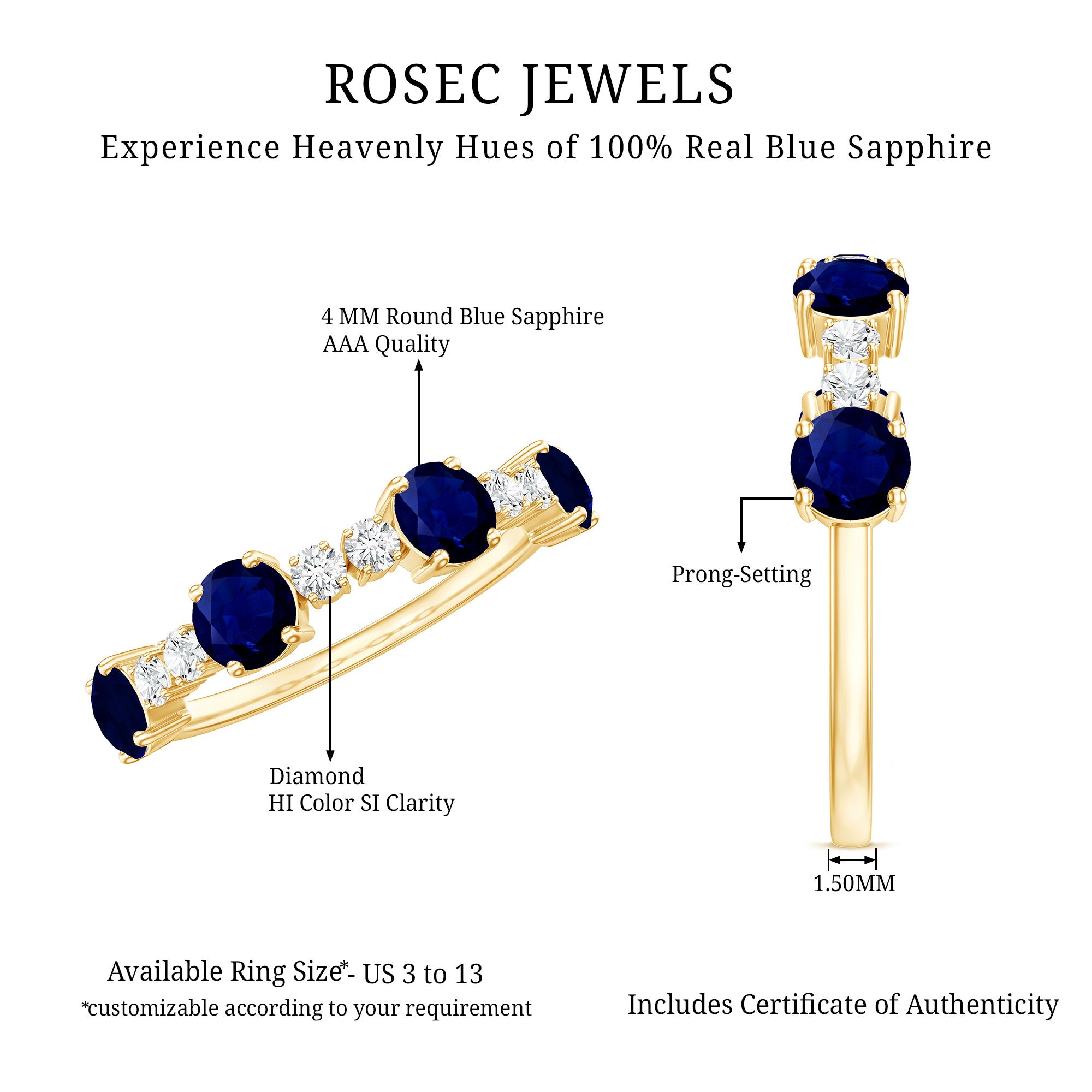 Genuine Blue Sapphire Half Eternity Ring with Diamond AAA - Rosec Jewels
