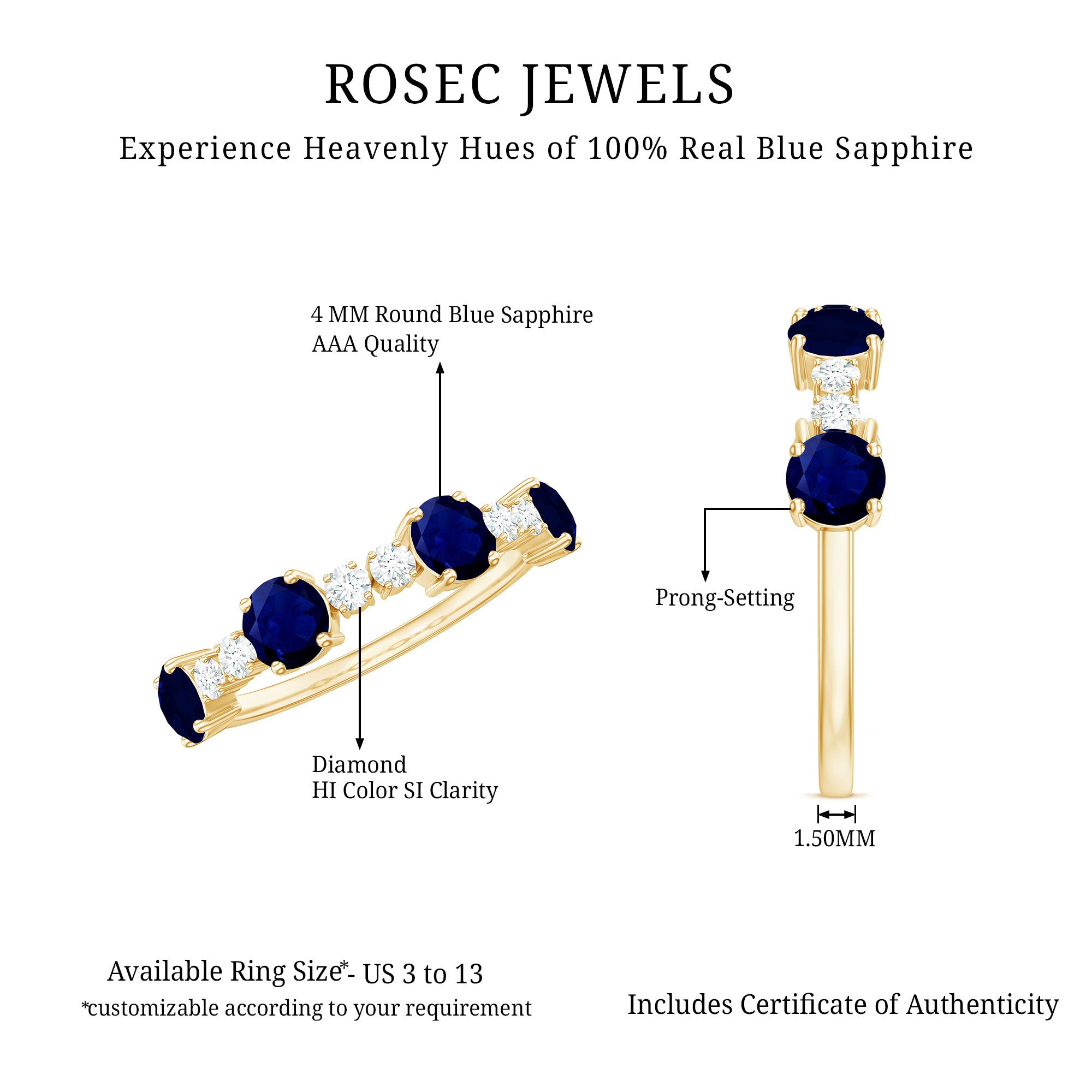 Genuine Blue Sapphire Half Eternity Ring with Diamond AAA - Rosec Jewels
