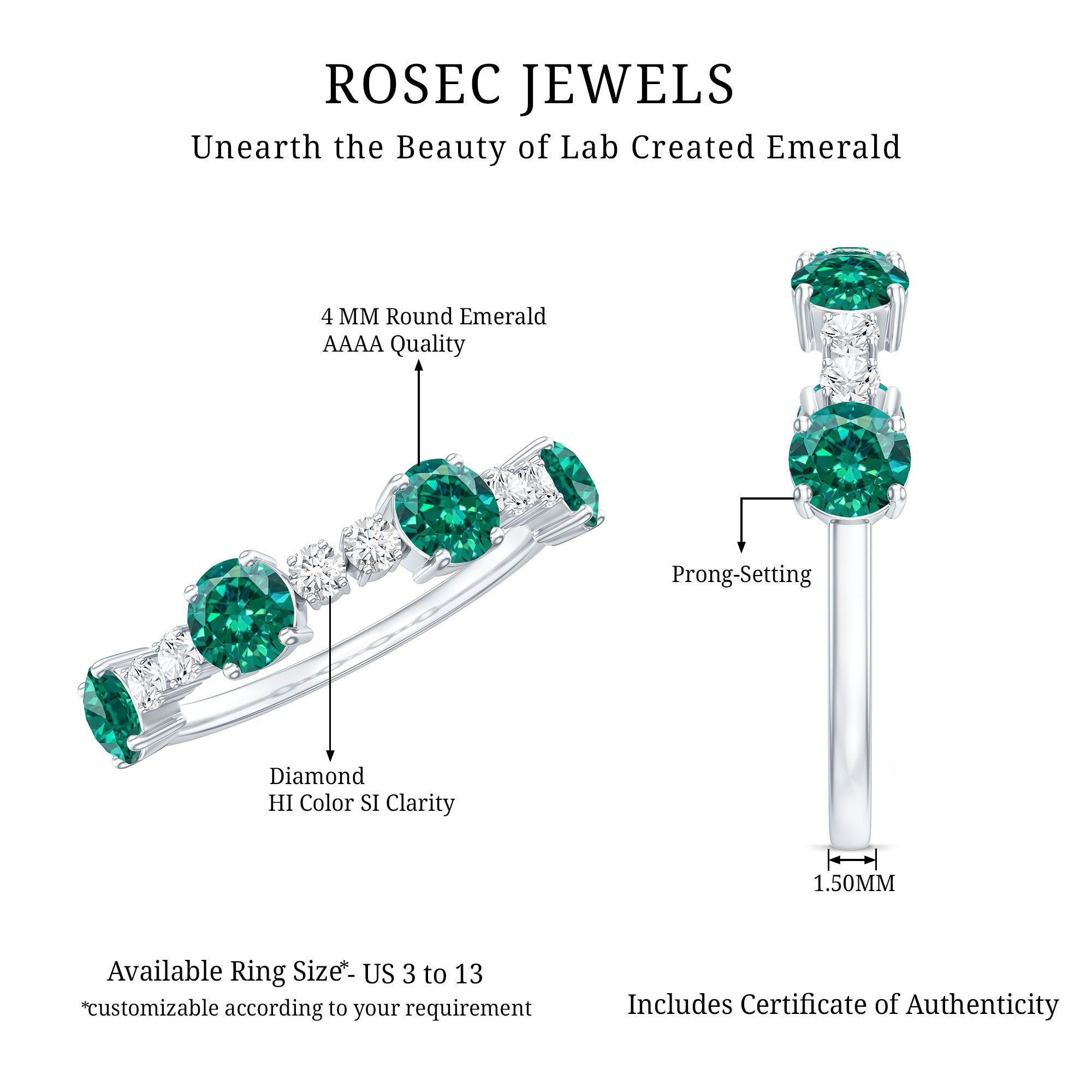 Certified Lab Grown Emerald Diamond Half Eternity Ring in Prong Set AAAA - Rosec Jewels