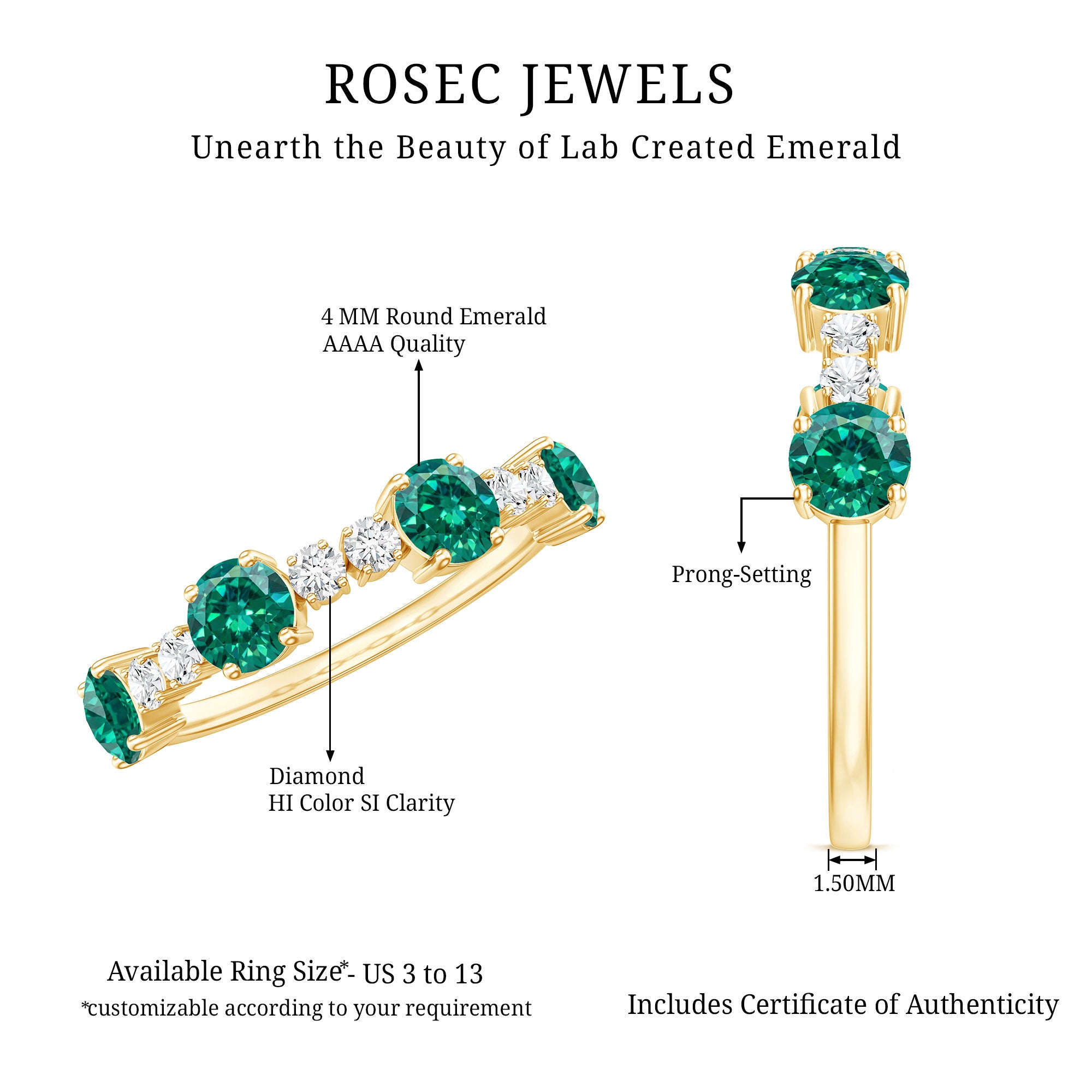 Certified Lab Grown Emerald Diamond Half Eternity Ring in Prong Set AAAA - Rosec Jewels